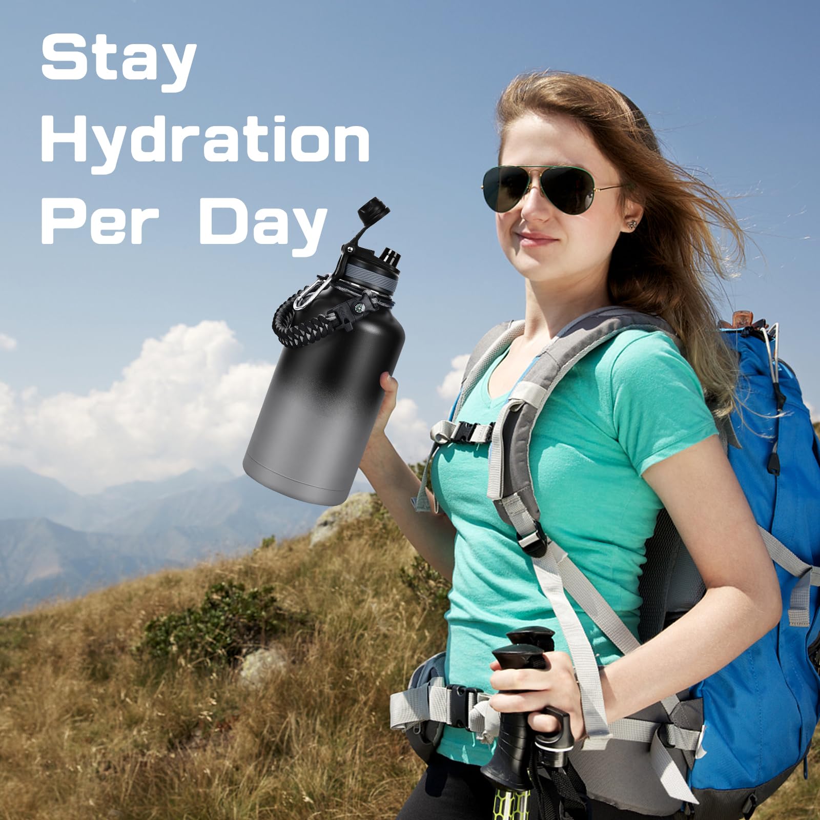 GAZLEMHO 40 oz Insulated Water Bottle with Straw& Spout 2-in-1 Lid, Triple Wall Vacuum Stainless Steel Cold 48H, Leak Proof Sports Metal Flask Jug with Paracord Handle, Black
