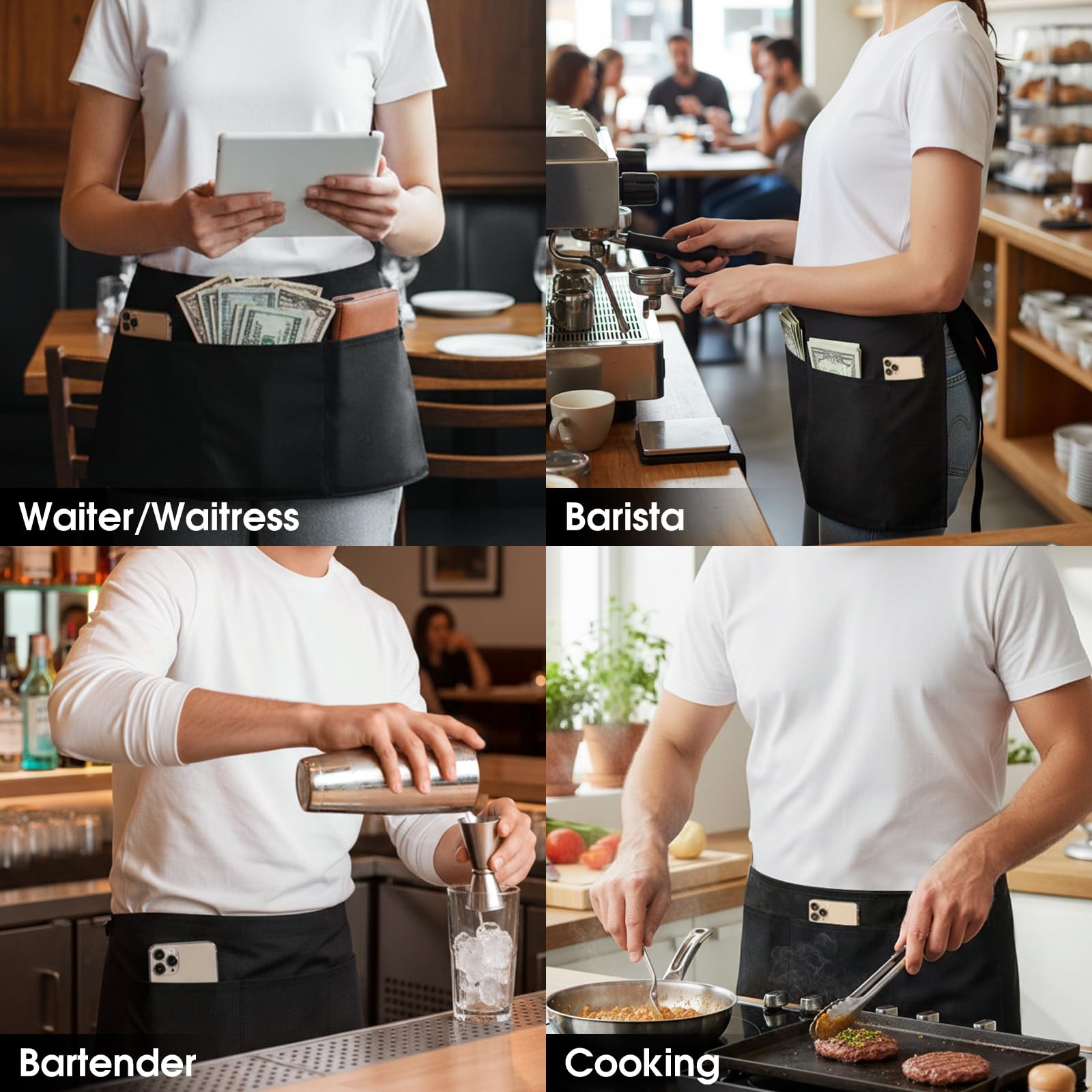 BOHARERS Waist Apron with 3 Pockets - White Waitress Waiter Server Short Apron
