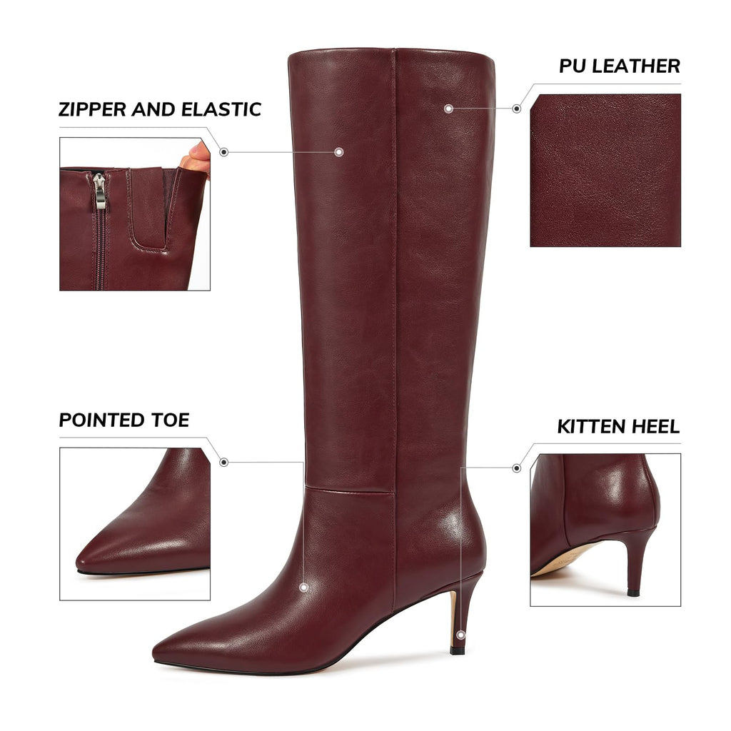 wetkiss Knee High Boots for Women - Pointed Toe Kitten Heel & Crocodile, Side Full Zipper for Easy Wear, All-Day Comfort Boots for Work, Party and Daily Chic Style