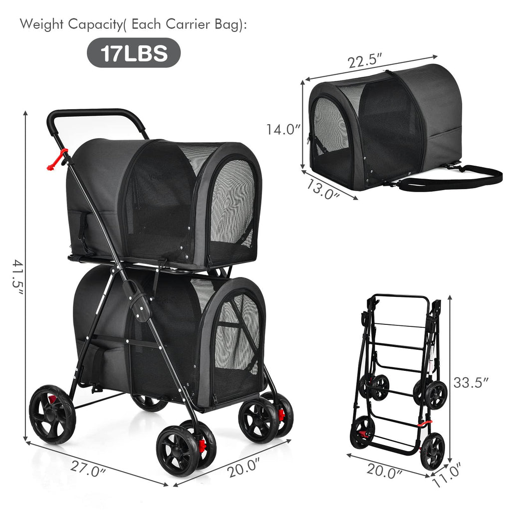 Giantex Double Pet Stroller with 2 Detachable Carrier Bags, Safety Belt, 4 Lockable Wheels, Folding Cat & Dog Stroller for Small Medium Pets, Cats Dogs Puppy Travel Strolling Cart (Beige)