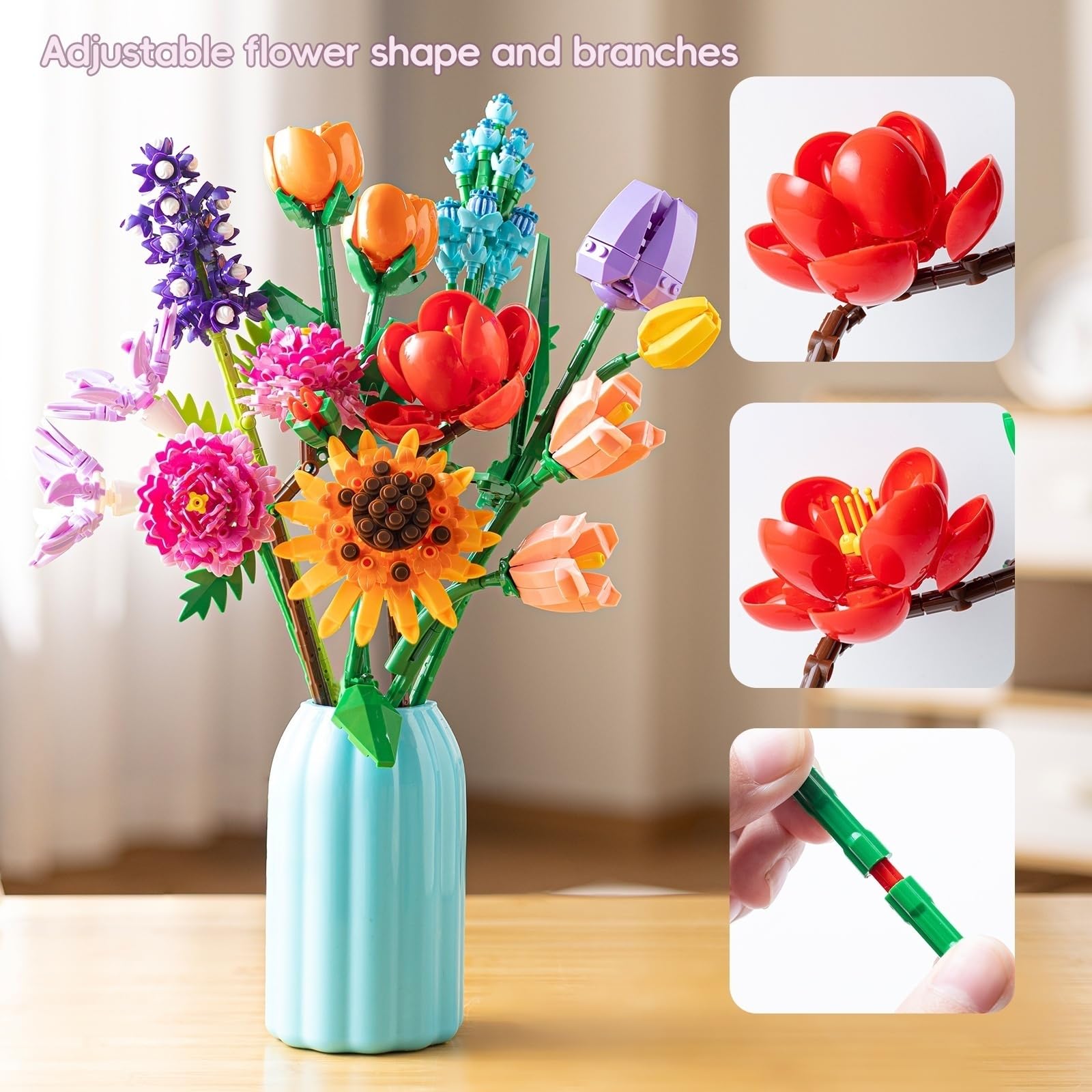 Sawaruita Purple Tulip Flower Bouquet Building Block Sets for Adult Women | Botanical Collection with Vase, Home Decor Gifts for Mothers Day,Valentines,Birthday