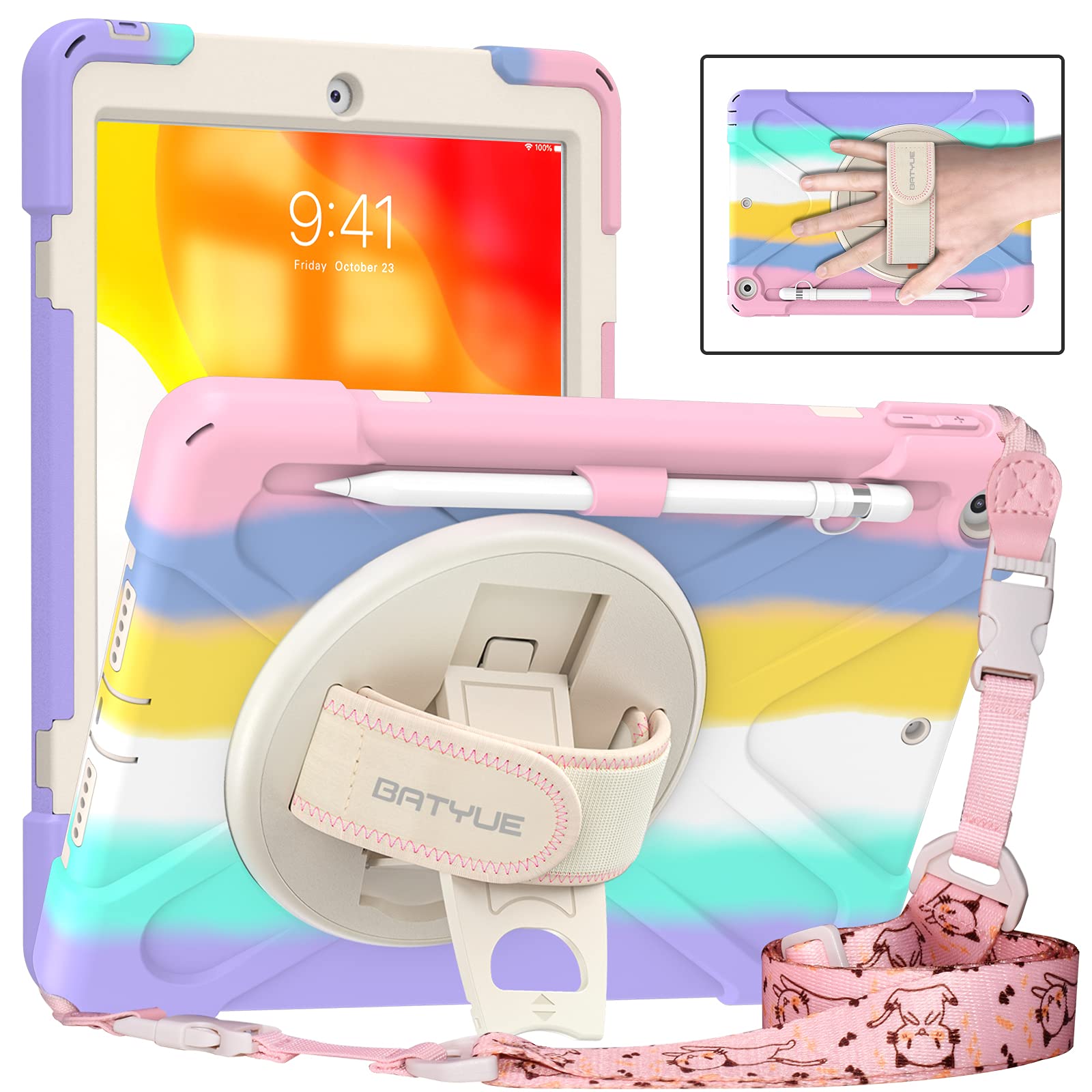 BATYUE for iPad 9th/ 8th/ 7th Generation Case (iPad 10.2 inch Rugged Case 2021/2020/2019) with Screen Protector, Rotating Stand/Pencil Holder/Carrying Shoulder Strap (Colourful Pink)