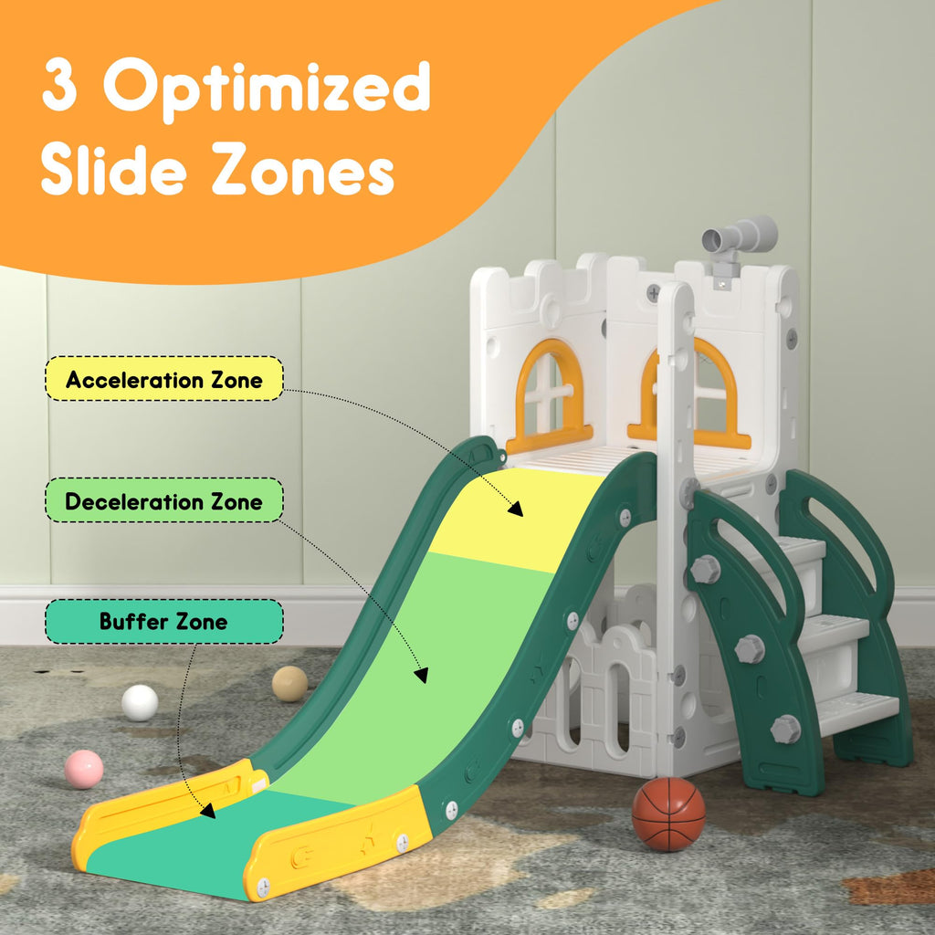 LulliSpace 6 in 1 Toddler Slide,Kids Playset for Toddlers Indoor Outdoor, Baby Slide with Basketball Hoop, Telescope & Storage Space,Non-Slip Steps for Great Gift
