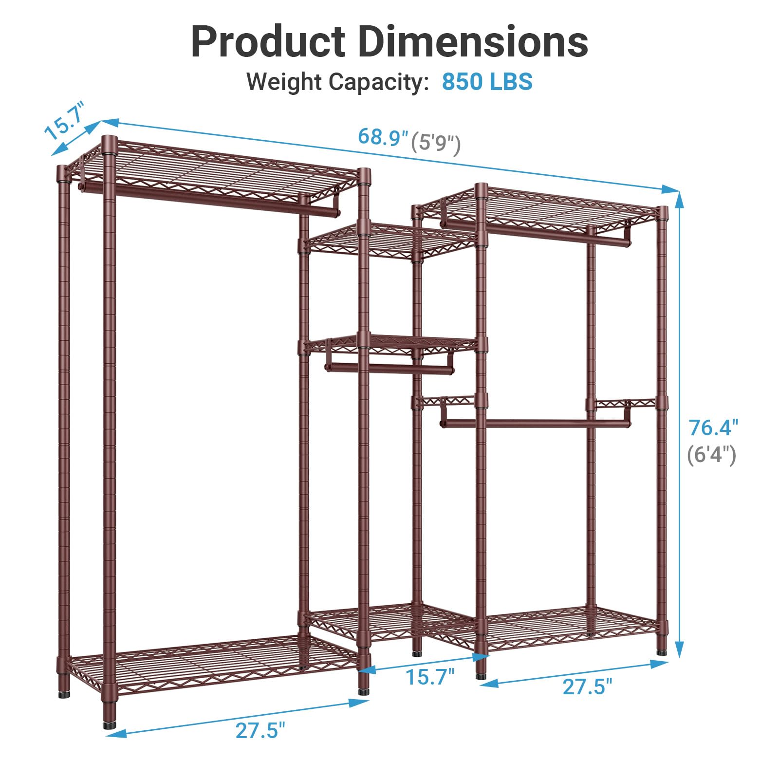 VIPEK Classic V6 Heavy Duty Clothes Rack, 7-Tier Garment Rack with Adjustable Shelves, Portable Closet Organizer with 4 Hanging Rods, Space-Saving, 850lbs Capacity, 68.9" L x 15.7" W x 76.4" H, Black