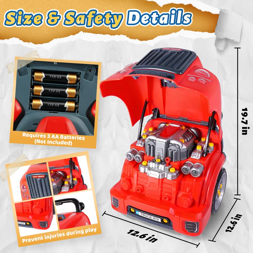 POFJOEQ Interactive Truck Engine Toy with Removable Parts - Lights, Sounds, and Fun for Young Mechanics -Unleash Their Creativity and Motor Skills with This Truck Engine Toy (Bule)