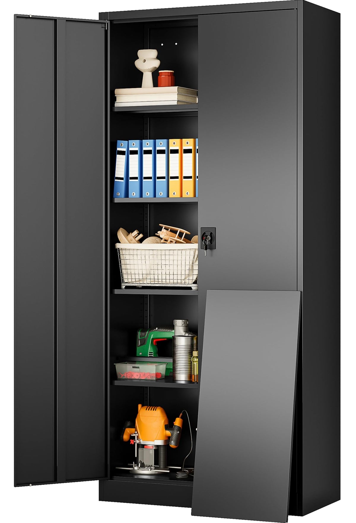 SISESOL Wide & Deep Metal Storage Cabinet with Wheels,Tall Rolling Garage Storage Cabinet with Lock,Black Metal Cabinets with Pegboards and Shelves,Tool Locker for Garage,Home,Office,43''Wx 20''Dx71"H