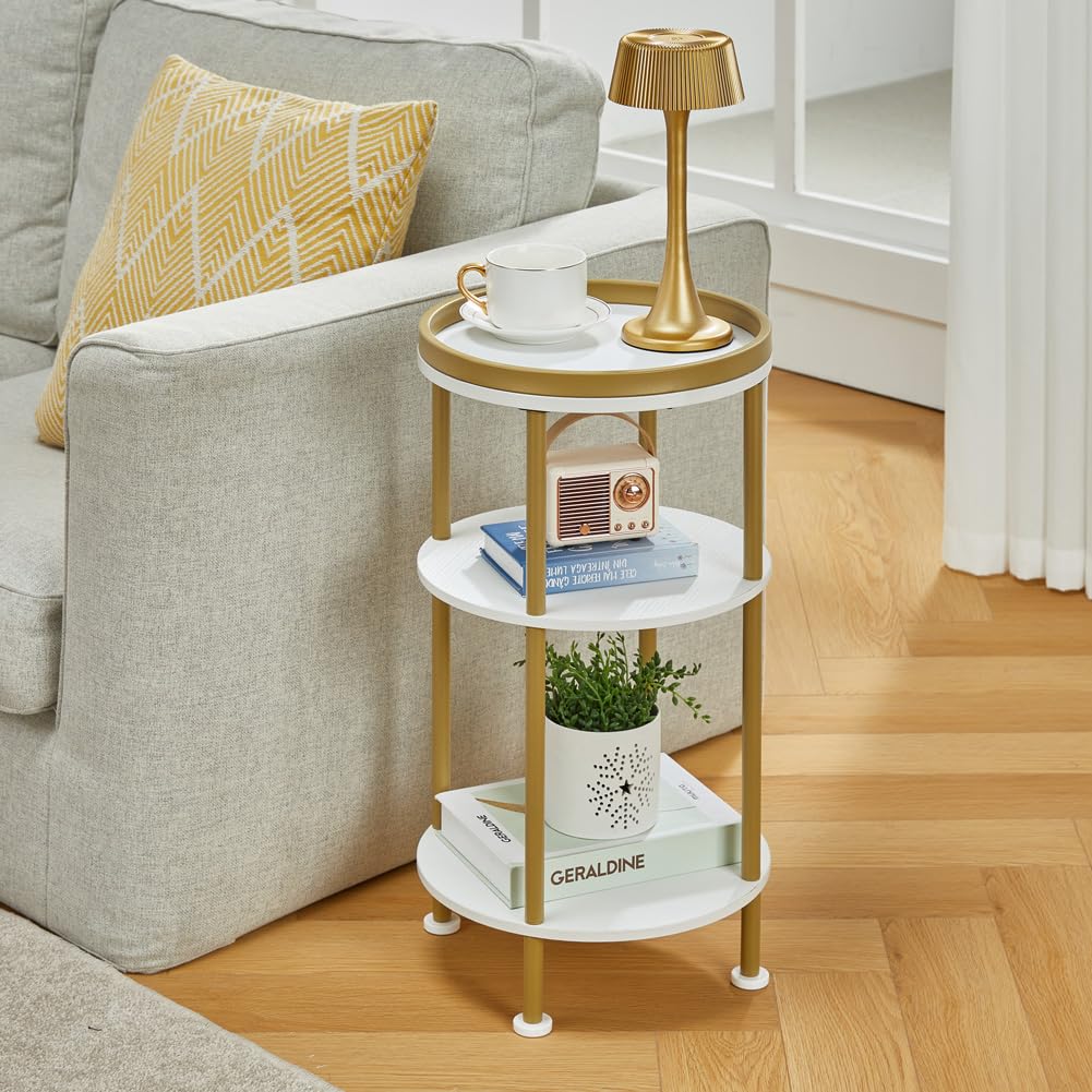 Small Round Side Table with Charging Station for Small Spaces, 3-Tier Accent Table with USB Ports & Power Outlets, Sofa Corner Tea Table for Living Room Nightstand Bedroom Apartment (Black)
