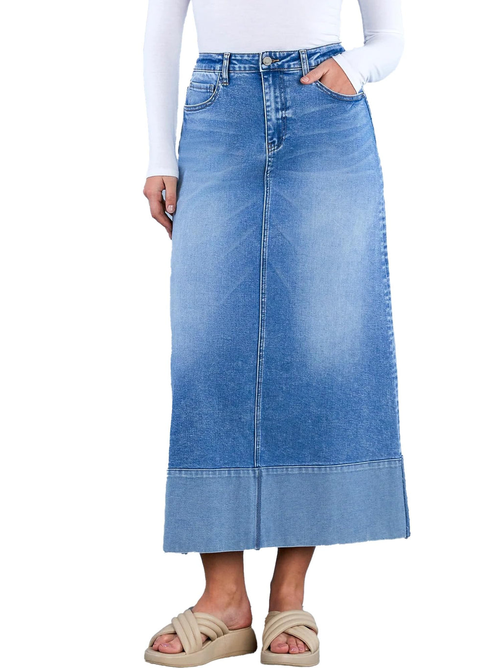 Jean Skirt for Women Denim Skirt High Waist Stretch Midi Denim Skirts with Pockets