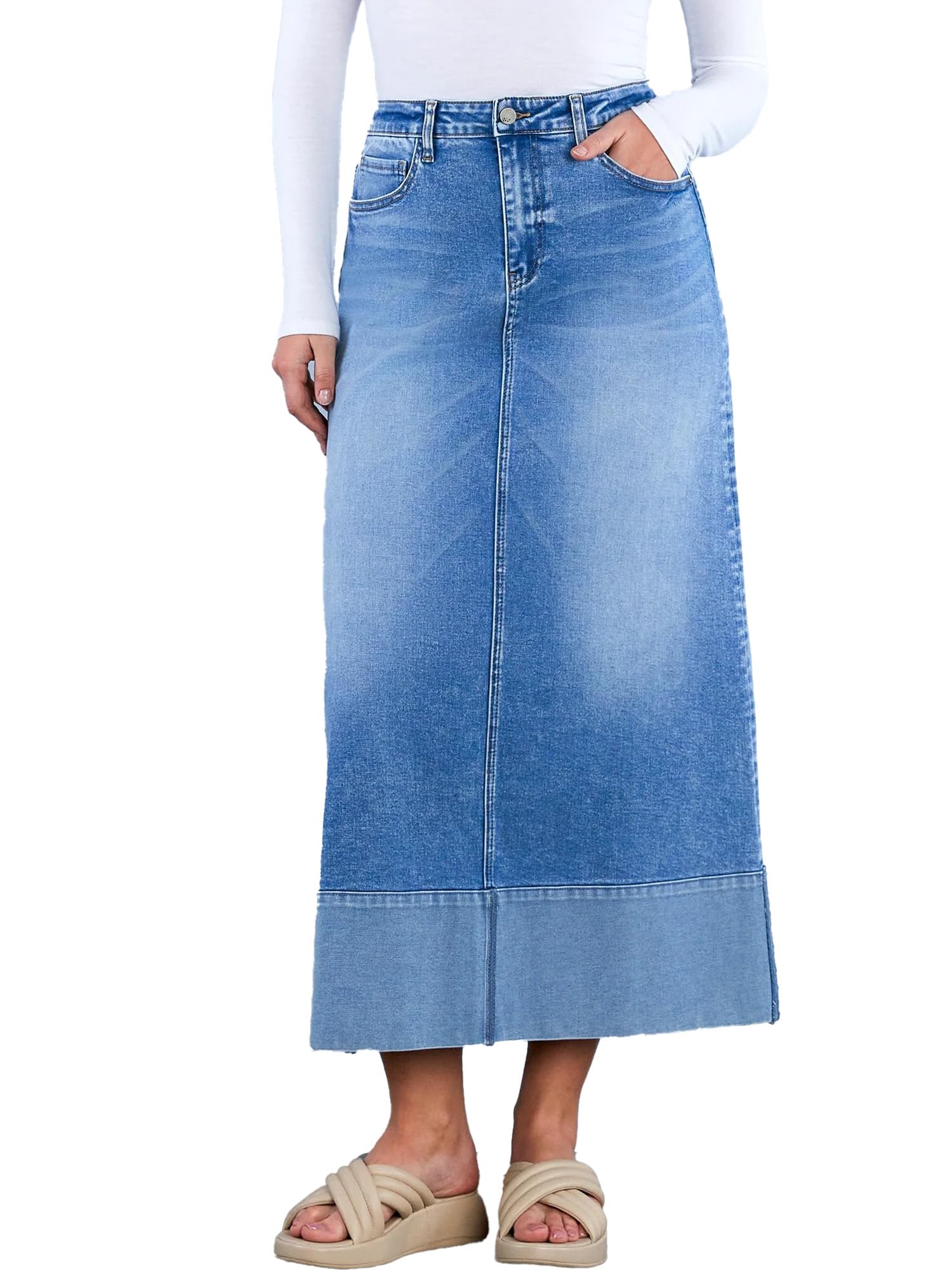 Jean Skirt for Women Denim Skirt High Waist Stretch Midi Denim Skirts with Pockets