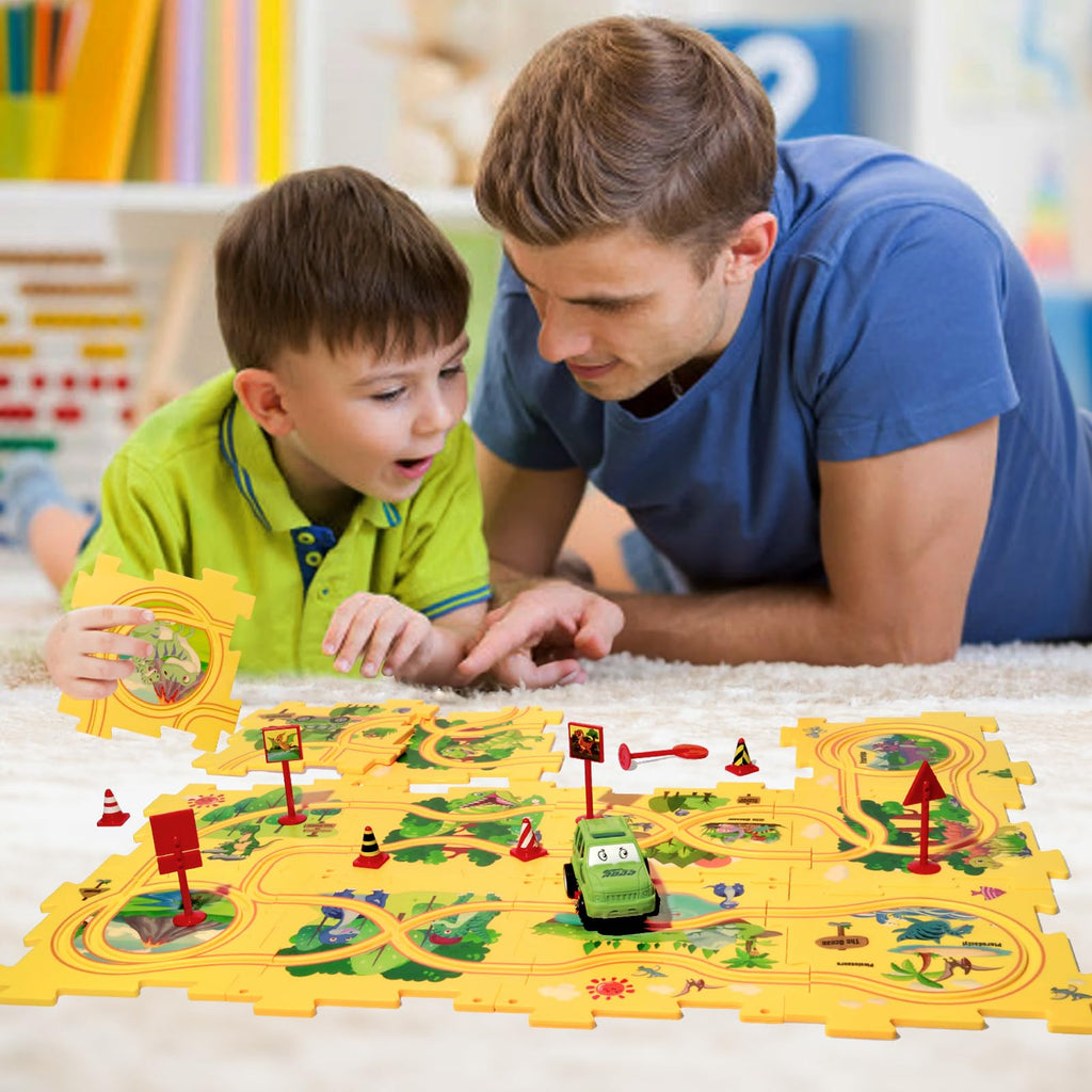 Puzzle Track Car Play Set with 12 Dinosaur Figures, Plastic Railcar Floor Puzzles for Kids Ages 3-5 with Vehicles, Toys Gifts for 3 4 5 6 Year Old Boys