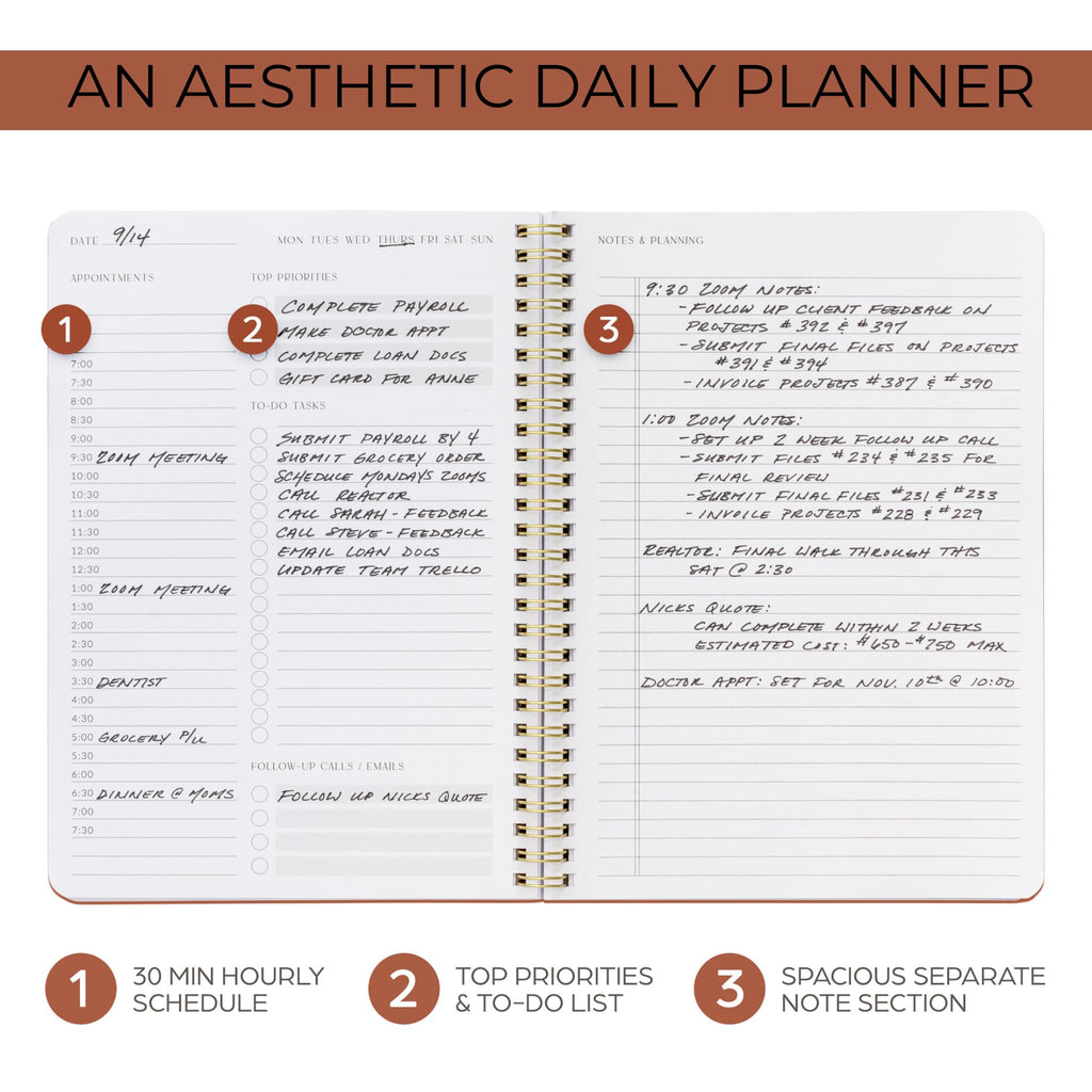 Beautiful Daily Planner And Notebook With Hourly Schedule - Aesthetic Spiral To do List Notepad to Easily Organize Your Tasks And Appointments - Stylish Book And School Or Office Supplies
