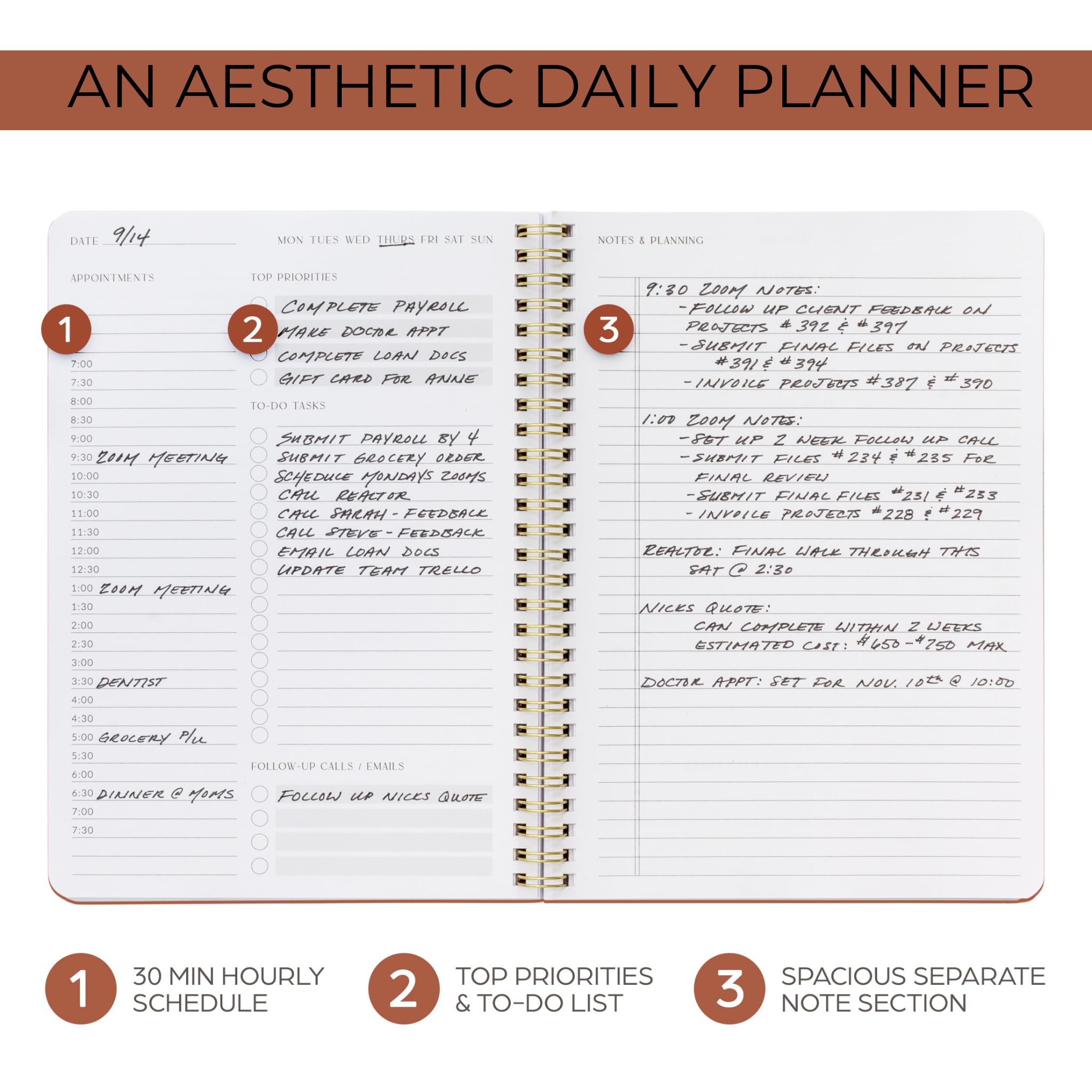 Beautiful Daily Planner And Notebook With Hourly Schedule - Aesthetic Spiral To do List Notepad to Easily Organize Your Tasks And Appointments - Stylish Book And School Or Office Supplies
