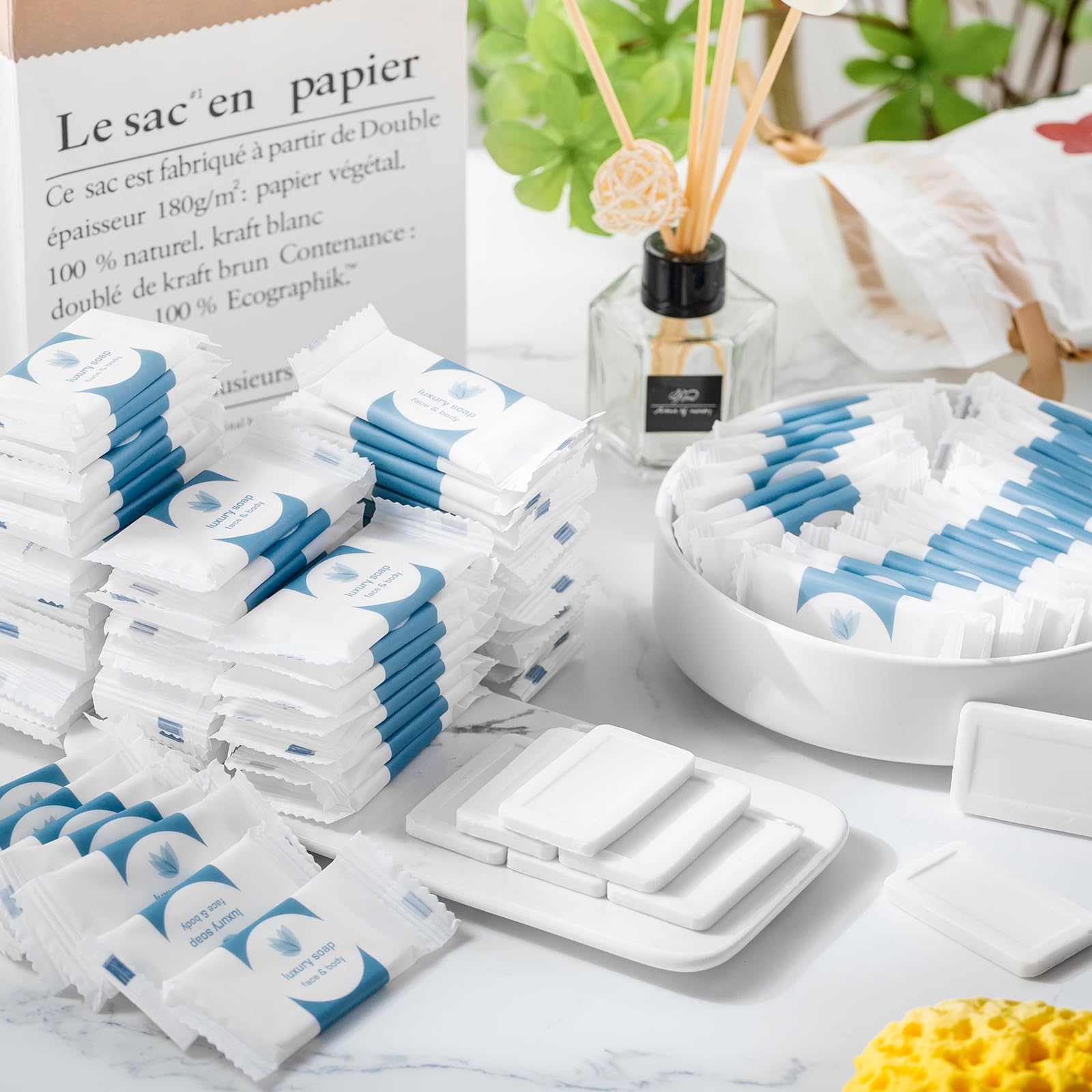 Kacctyen 100 Pcs 0.35oz Mini Bar Soap Bulk Individually Wrapped Bulk Hand Hotel Soap Bars Travel Size Toiletries for Guest Vacation Bathroom Rentals