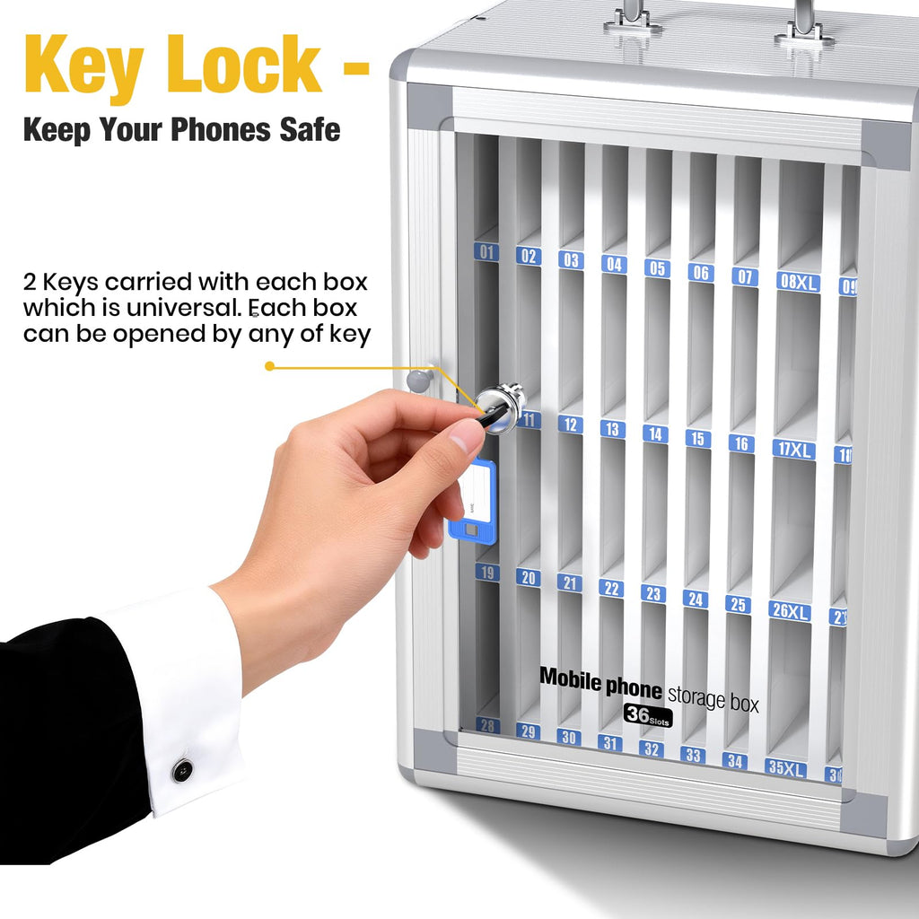 Glosen Cell Phone Locker 24 Slots, Portable Phone Storage Cabinet [Wall Mounted] [Silver 24 Slots-Universal Key ] Aluminum Alloy Cellphone Lock Box with Key & Handle for School Classroom Office Exam