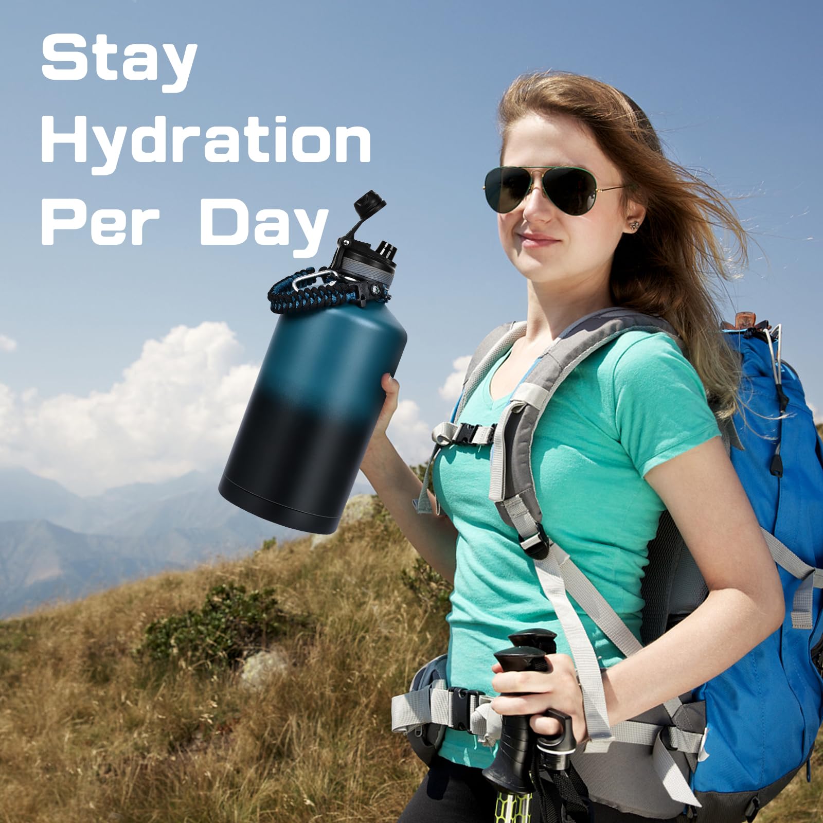 GAZLEMHO 40 oz Insulated Water Bottle with Straw& Spout 2-in-1 Lid, Triple Wall Vacuum Stainless Steel Cold 48H, Leak Proof Sports Metal Flask Jug with Paracord Handle, Black