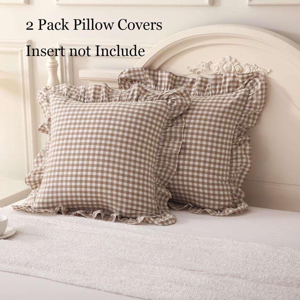 Silnuo Green/White Plaid Ruffled Queen Size Pillow Shams Set of 2,Washed Cotton Shabby Checkered Gingham Farmhouse Bed Pillow Covers 20"x30"