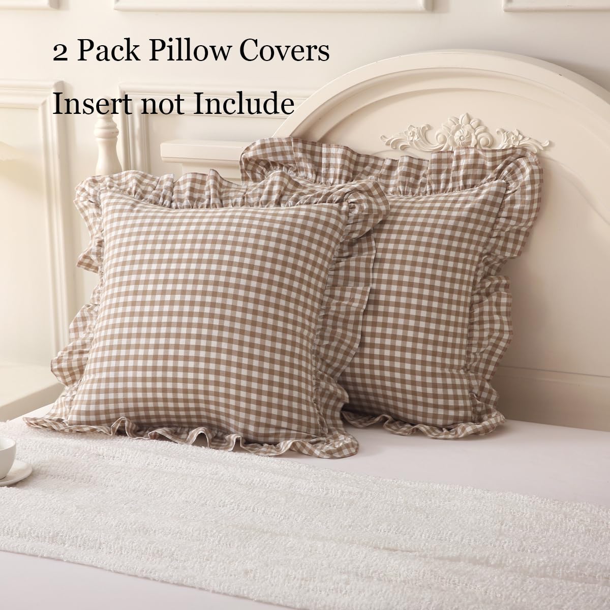 Silnuo Green/White Plaid Ruffled Queen Size Pillow Shams Set of 2,Washed Cotton Shabby Checkered Gingham Farmhouse Bed Pillow Covers 20"x30"