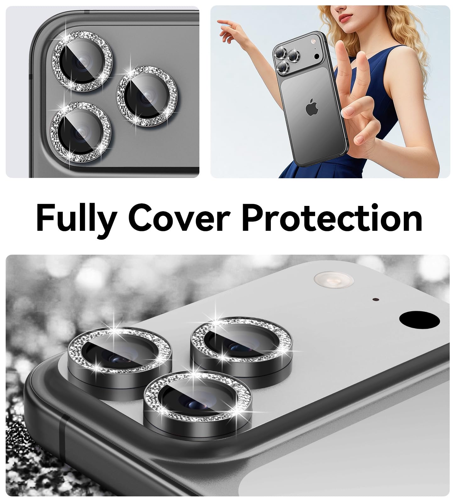 Matekxy Glitter Camera-Lens Protector for iPhone-16 Pro-Max - 16 Pro Anti-Scratch Tempered Glass with Aluminum Edging, Cute Girly Metal Individual Bling Ring Cover for Women, Black Titanium