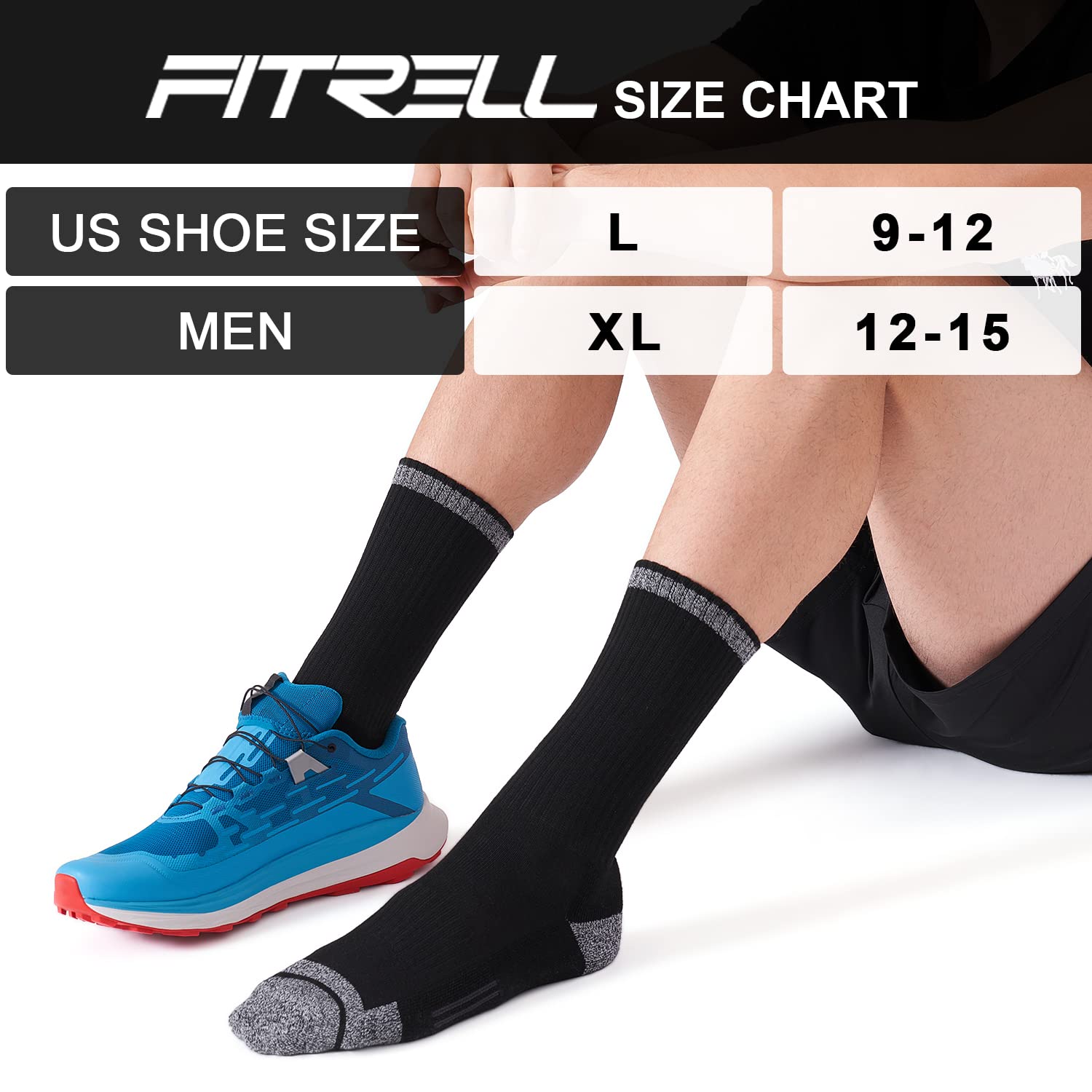 FITRELL 6 Pack Men's Athletic Moisture Wicking Crew Socks Cushioned Sport Running Work Boot Socks Size 9-12/12-15