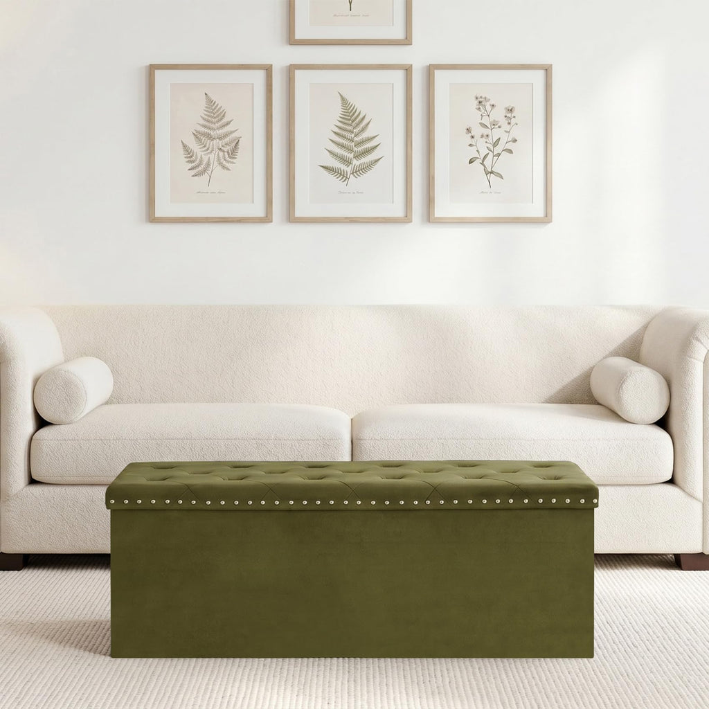 PINPLUS Folding Storage Ottoman Bench, Folding Velvet Tuffed Foot Rest Stool with Rivet, End of Bed Bench Large Long Shoes Chest for Bedroom Entryway Living Room, Beige, 41.3 Inches