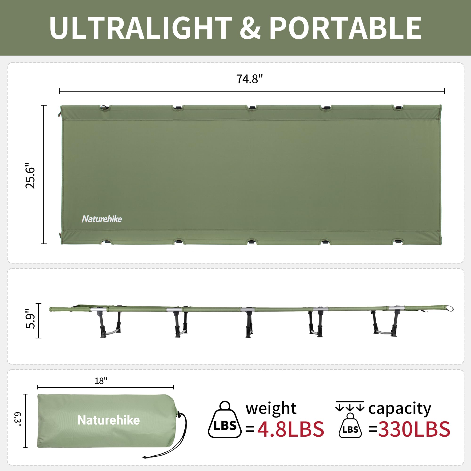 Naturehike Ultralight Camping Cot, Easy to Assemble Folding Tent Cot, Compact & Protable Camping Bed for Camping, Mountaineering, & Hiking, Supports 330lbs with Carry Bag, Kahki
