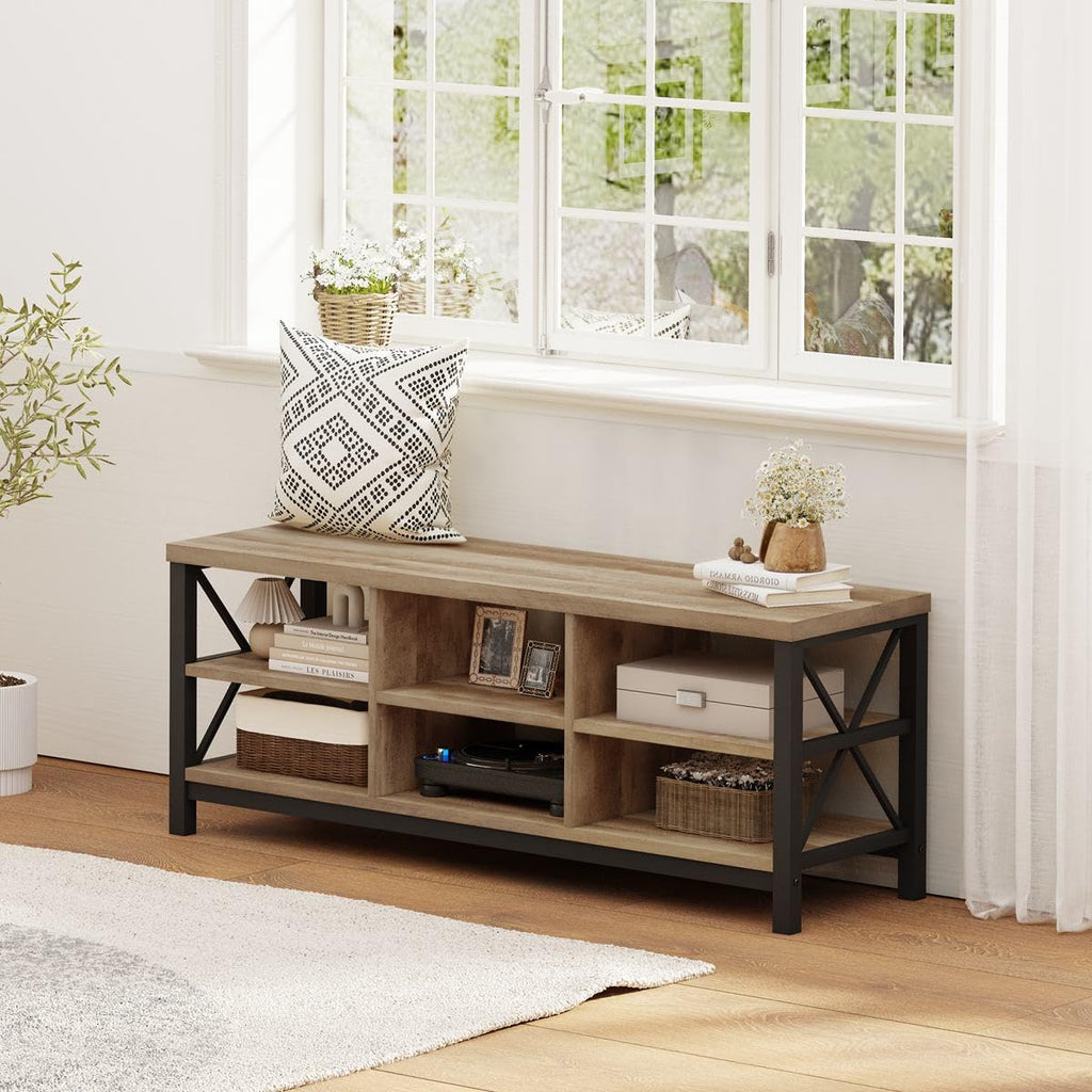 FATORRI Entryway Bench with Storage, 41 Inch Shoe Storage Bench, Industrial Wood Shoe Bench for Entry Way, Living Room, Bedroom and Mudroom (Black)