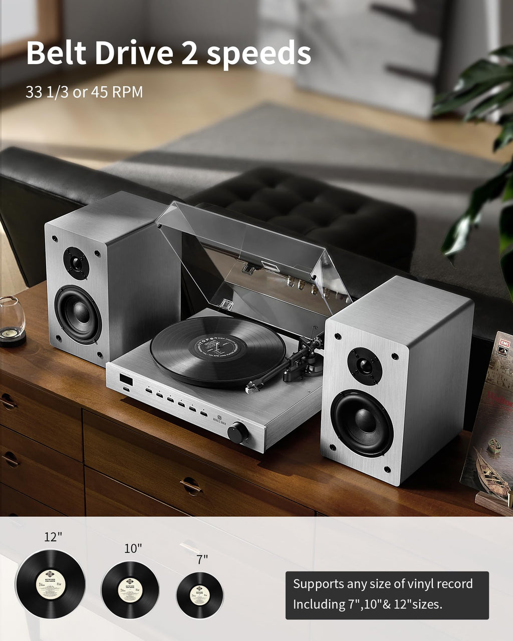 ANGELS HORN Bluetooth Turntable with Speakers, Vinyl Record Player System with AT-3600L, Built-in Phono Preamp, Belt Drive 2-Speed, Adjustable Counterweight, Pitch Control Hi-Fi Record Player System