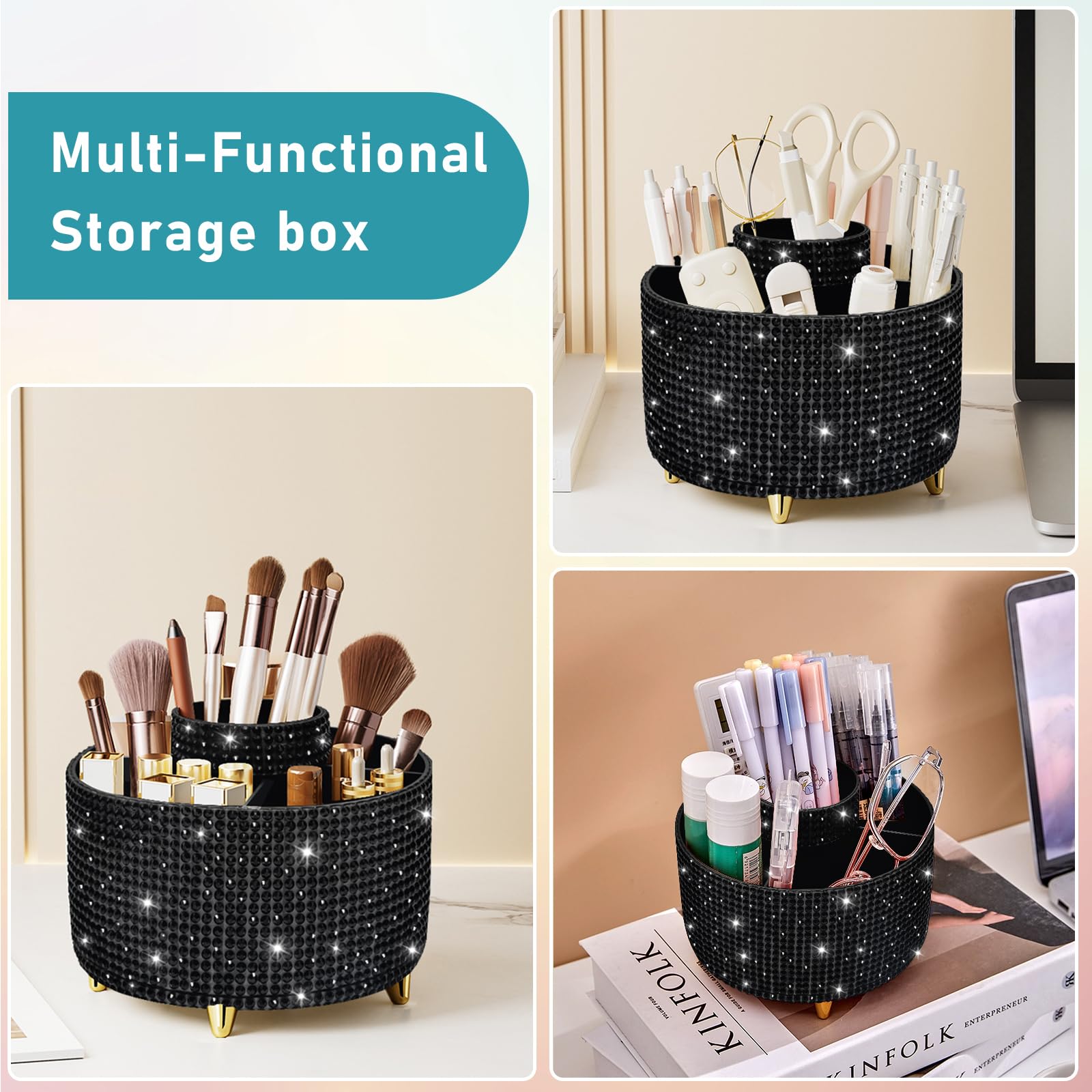 Makeup Brush Holder Organizer,360° Rotating Makeup Brush Organizer,5 Slot Make up Brushes Cup for Cosmetics, Nail Polish, Art Supply, Bathroom Vanity Desktop Organizer - Black