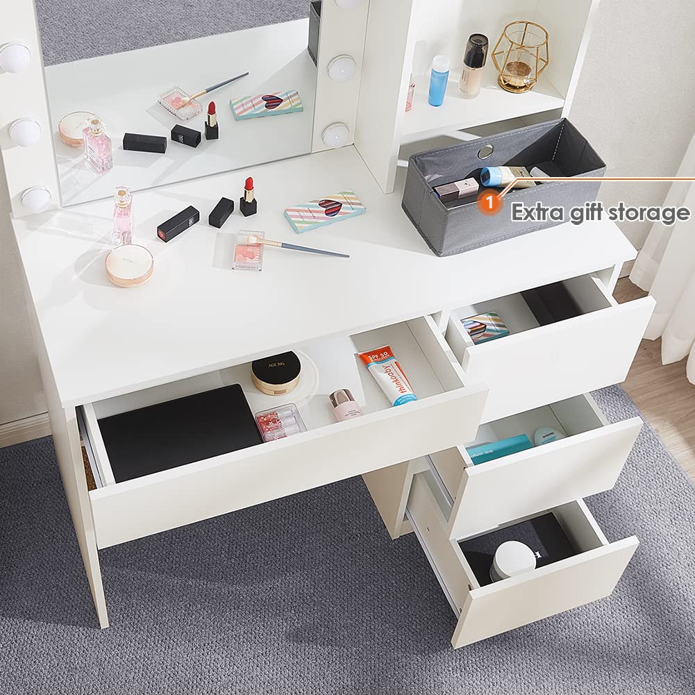 Vabches Makeup Vanity with Lights, 37inch Vanity Desk, 4 Large Drawers Dresser with Lighted Mirror, 3 Lighting Modes Brightness Adjustable, White