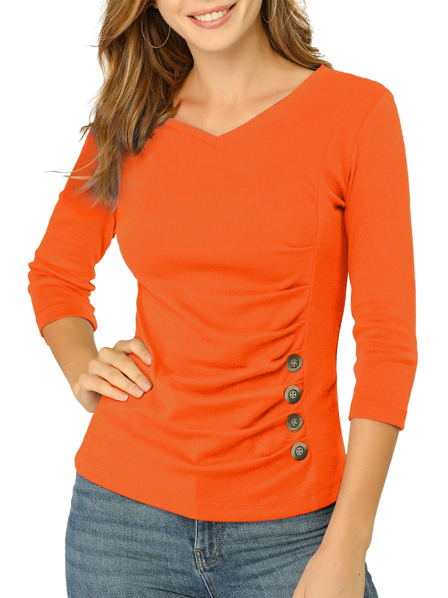 Allegra K Women's V Neck Tops 3/4 Sleeves Solid Knitted Buttons Decor Ruched Blouse