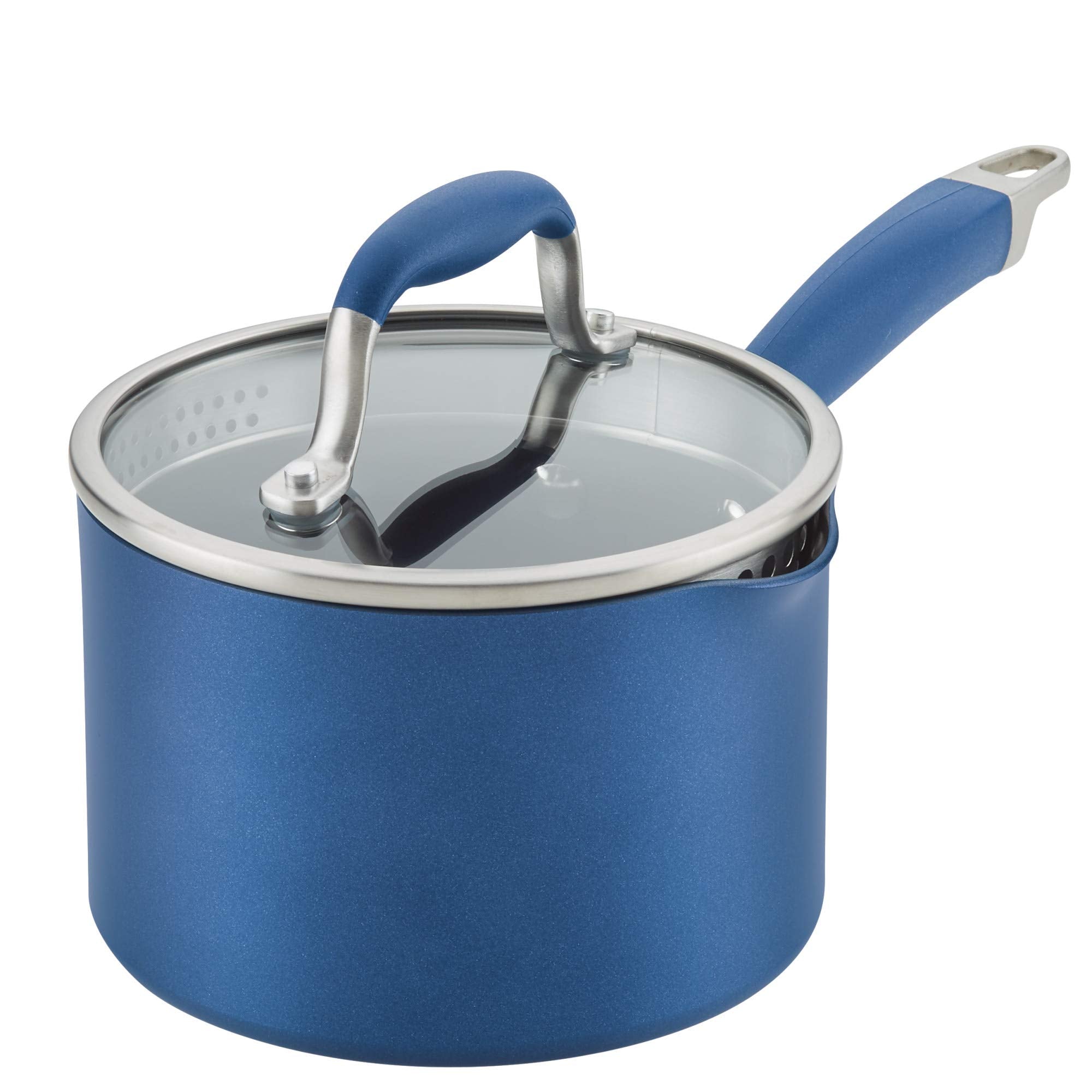 Anolon Advanced Home Hard Anodized Nonstick Sauce Pan/Saucepan with Straining and Lid, 2 Quart (2 Qt Straining Saucepan, Indigo)