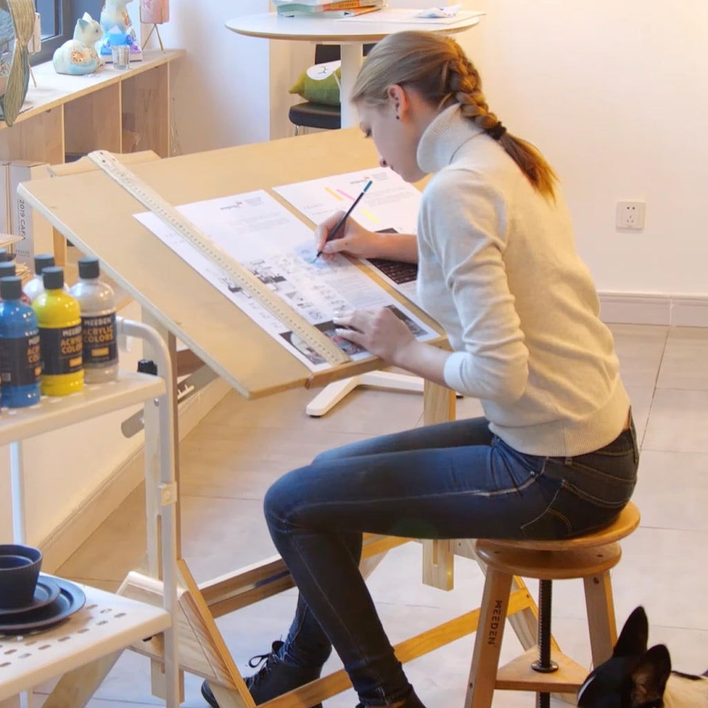 MEEDEN Wood Drafting Table & Stool Set,Artist Stool and Craft Table with Adjustable Height,Tiltable Tabletop for Artwork, Graphic Design, Reading, Writing