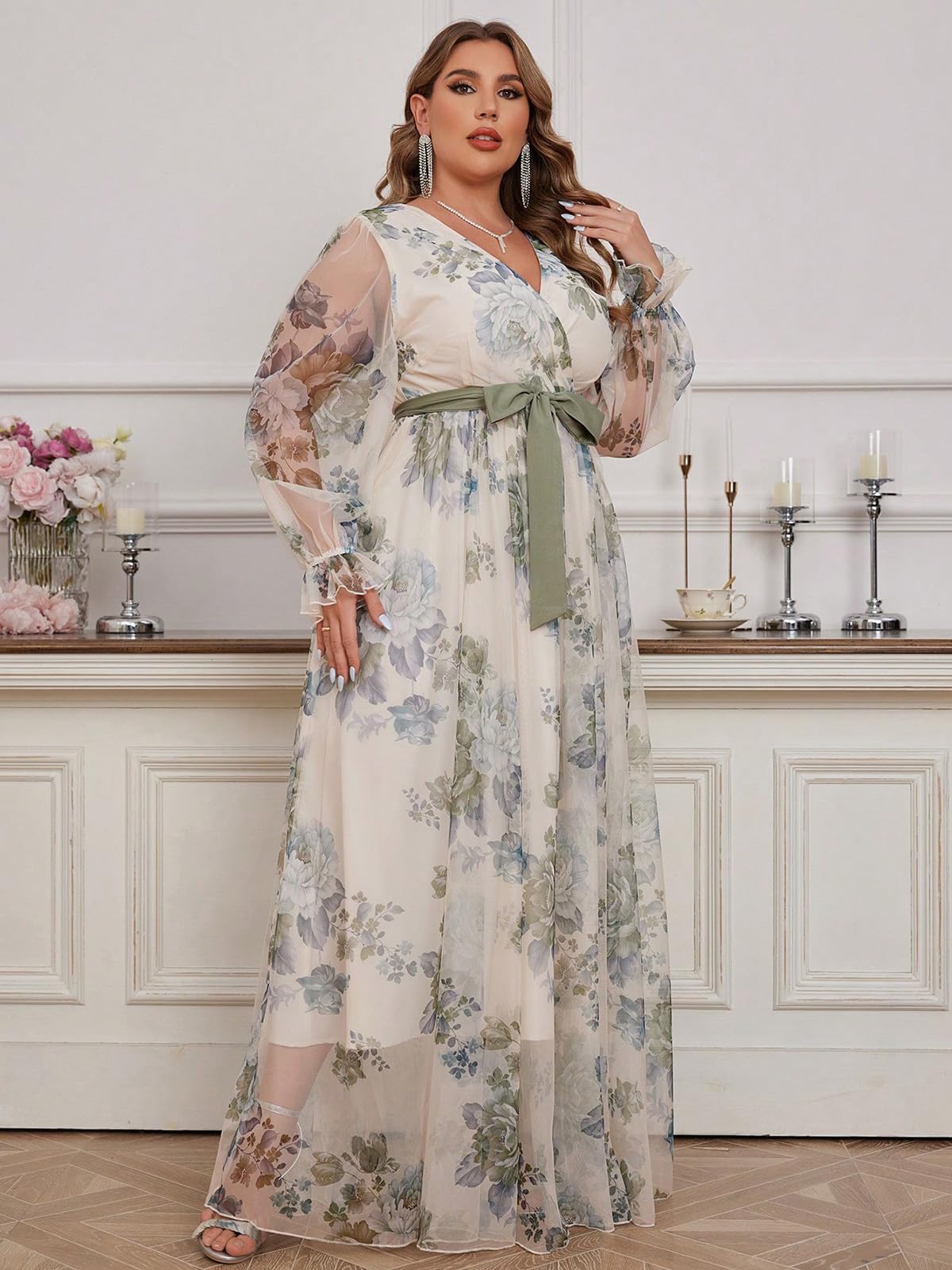 Spring Summer 2024 Plus Size Womens Dresses V Neck Casual Elegant Long Sleeve Floral Print Maxi Dress