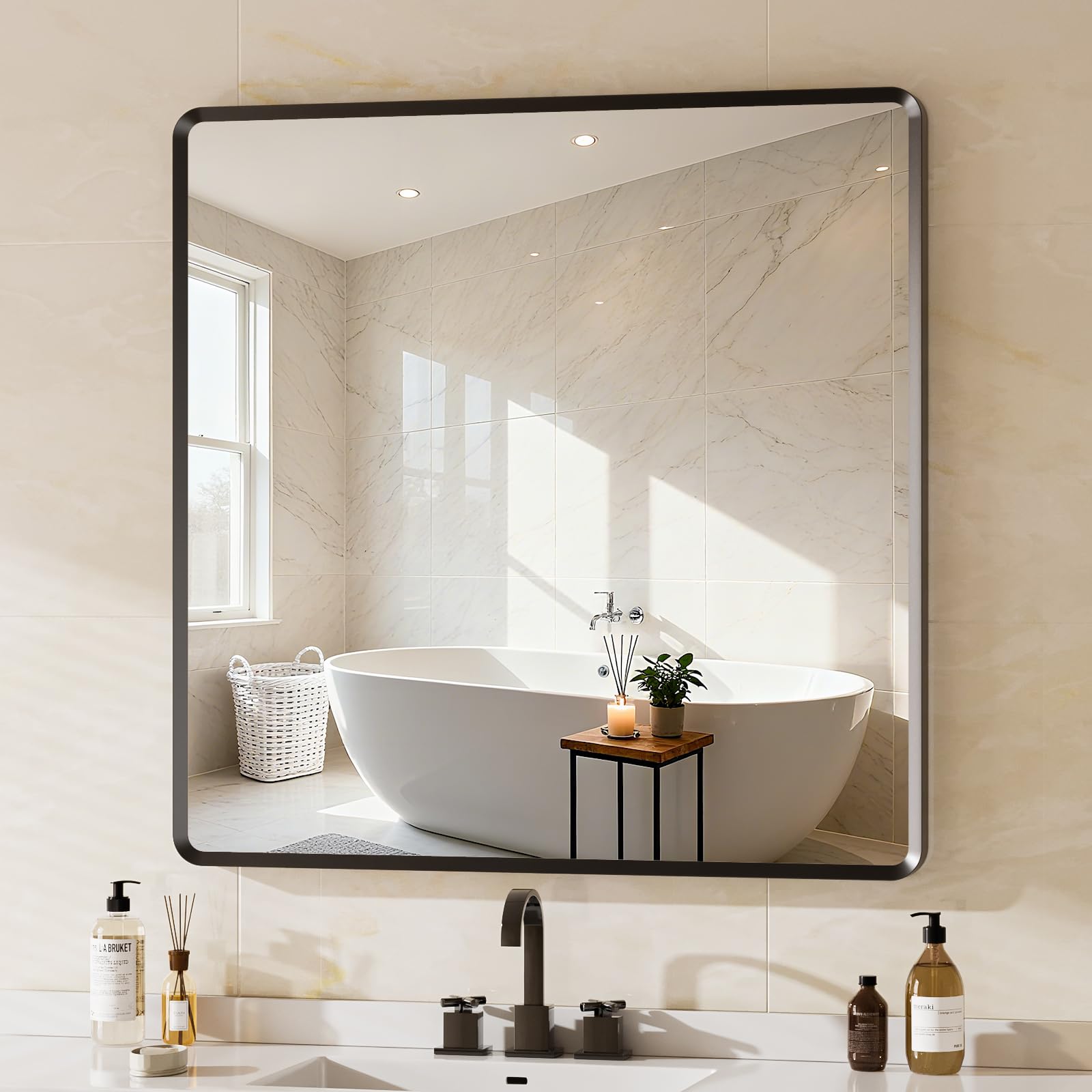 22x30 inch Gold Bathroom Mirror,Rounded Rectangle Gold Metal Framed, HD Tempered Glass, Horizontal or Vertical Hanging, Modern Bathroom Decor