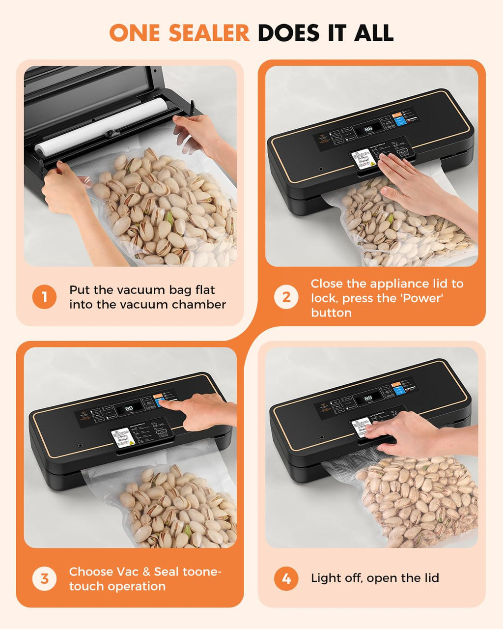 Vacuum Sealer for Food, 95kPa Food Vacuum Saver Sealer Machine, 12L/min 135W Fast-Sealing with Auto Tear-Cut,Digital Timer, Built-in Bag Storage, Cutter and One Bag Roll, 9-in-1 Compact Vacuum Sealer