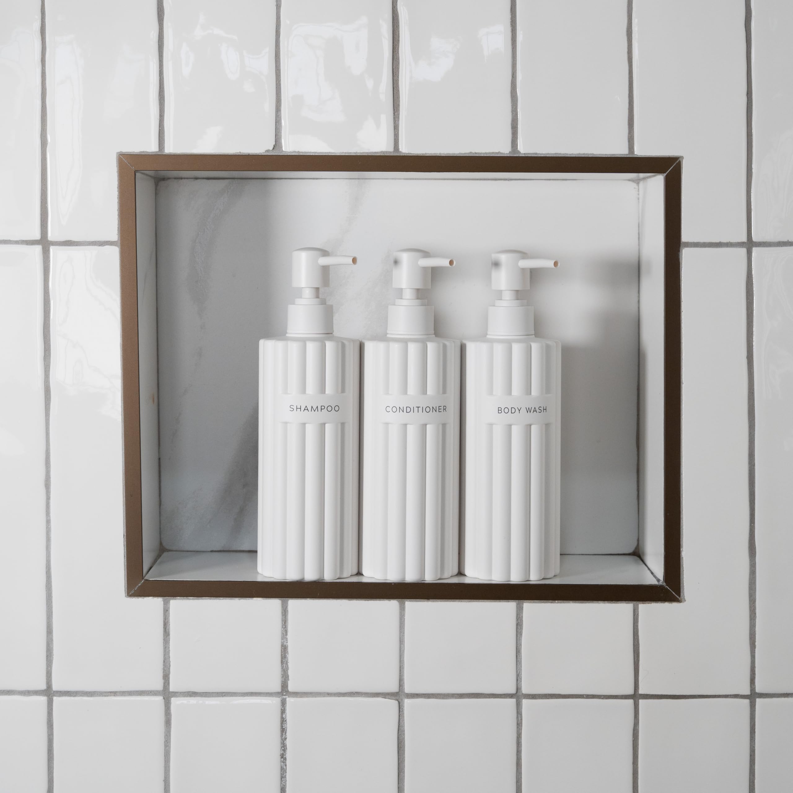 Stylish Shampoo and Conditioner Dispenser Set of 3 - Modern 19oz Shower Soap Bottles with Pump and Labels - Easy to Refill Body Wash Dispensers for an Instant Bathroom Decor Upgrade