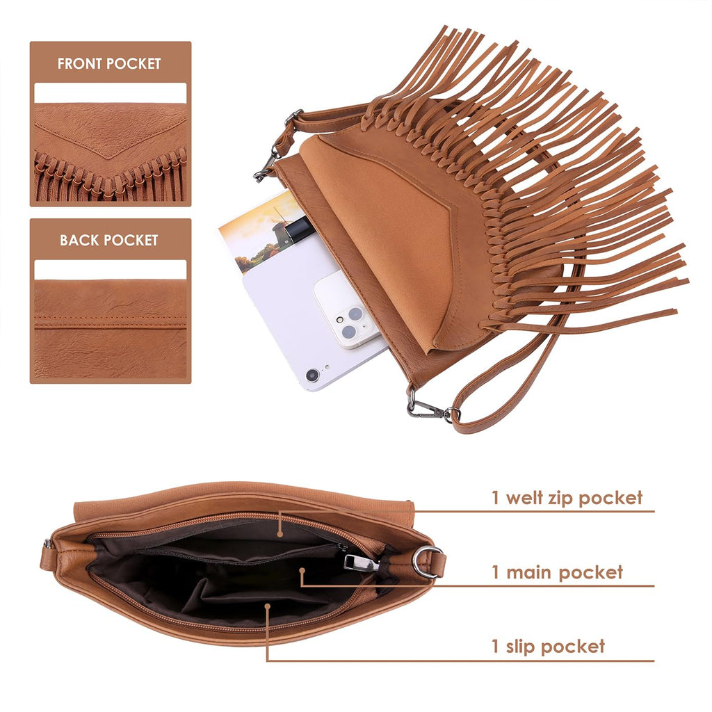 HDE Women's PU Leather Hobo Fringe Crossbody Tassel Purse Vintage Flap Envelope Handbag Western Sling Shoulder Bag