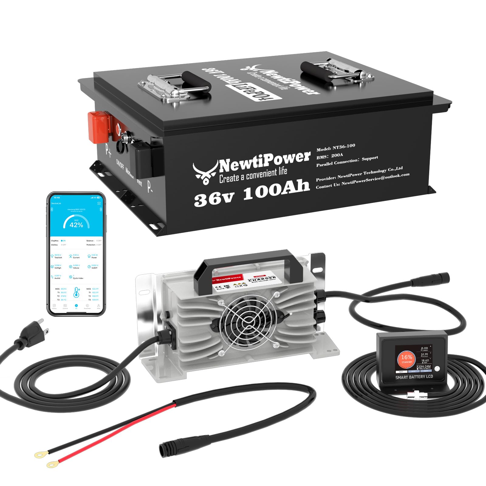 36V 100Ah Golf Cart LiFePO4 Battery with APP&Chager&Monitor,7.6KW Continuous Power Lithium Battery with 200A BMS, Up to 10000+ Rechargeable Cycles, Perfect for golf cart