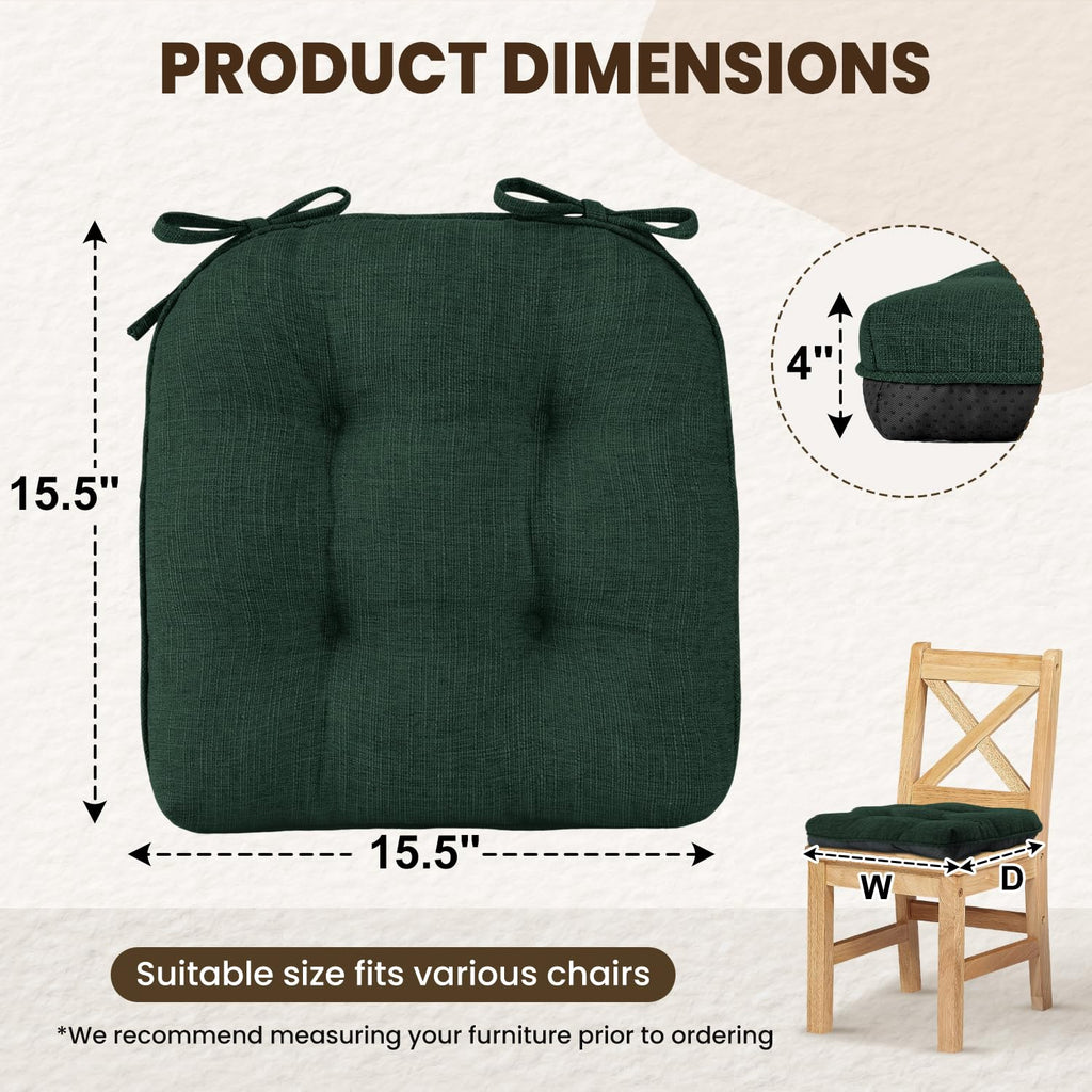 downluxe Indoor Chair Cushions for Dining Chairs, Tufted Overstuffed Textured Kitchen Chair Pads with Ties and Non-Slip Backing, 15.5" x 15.5" x 4", Aqua Blue, 4 Pack