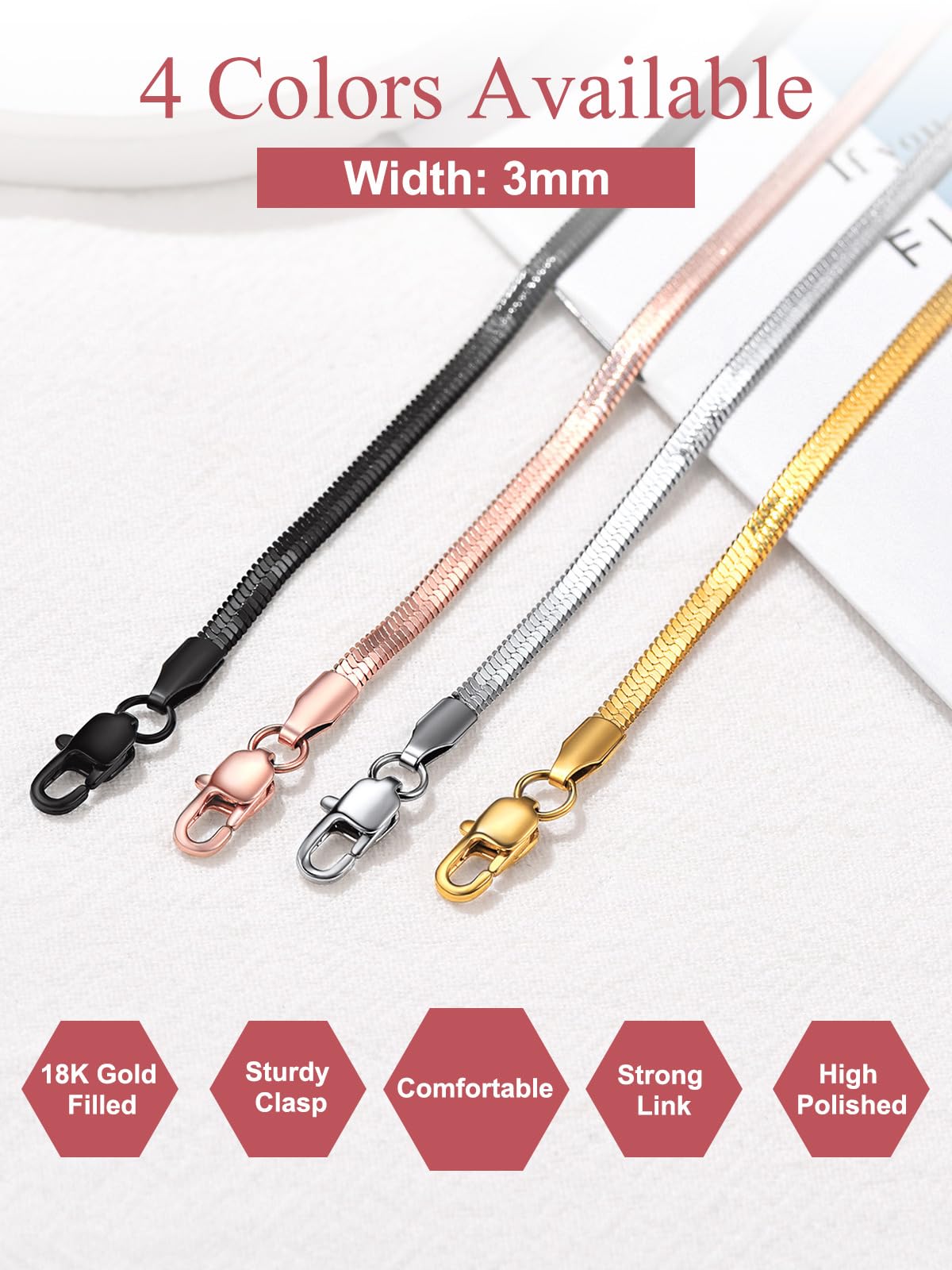 FOCALOOK 14K Gold Plated Necklaces for Women, Fashion Herringbone Choker Necklace Stainless Steel Flat Snake Chain 3/5MM(W) 12.5"/15"/18"+3.5"(L)