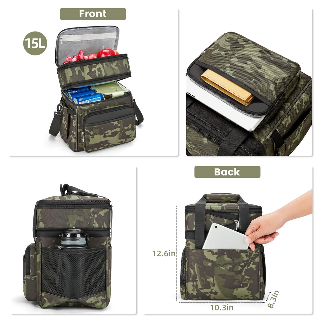 holuxer Insulated Lunch Bag & Lunch Box for Men - Double Deck Reusable Lunch Bag for Women Tote Cooler Bag Leakproof Soft Expandable - Large Lunchbox for Work/Adult/Picnic/Outdoor (Black，15L)