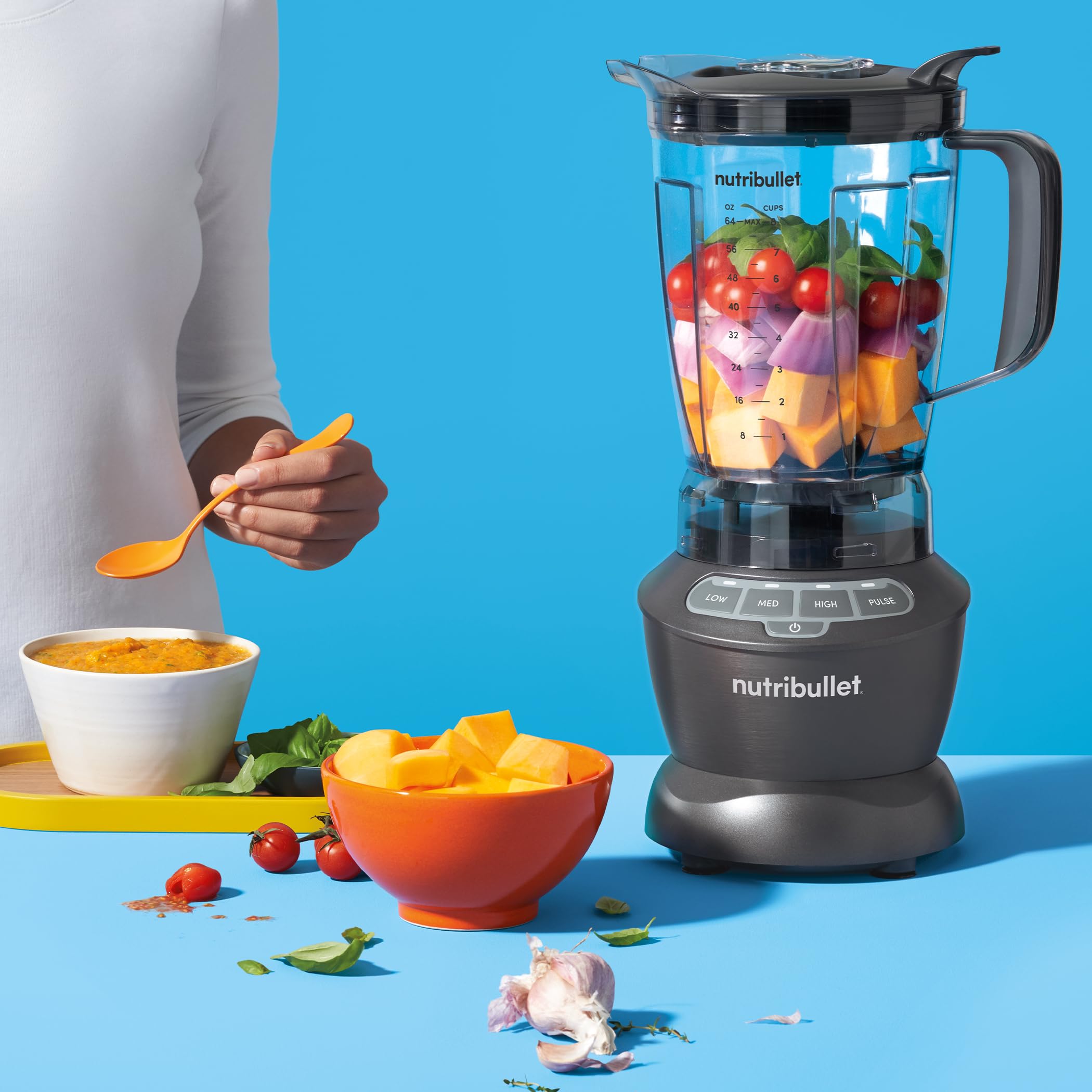 nutribullet Full-Size Blender Combo, Single-Serve & Large Capacity, 1200W, 64oz Pitcher, 32oz Cup, Extractor Blade, 3-Speed, Pulse, Smoothies, Soups, Sauces, Easy Cleaning, Matte Black, NBF50500AK
