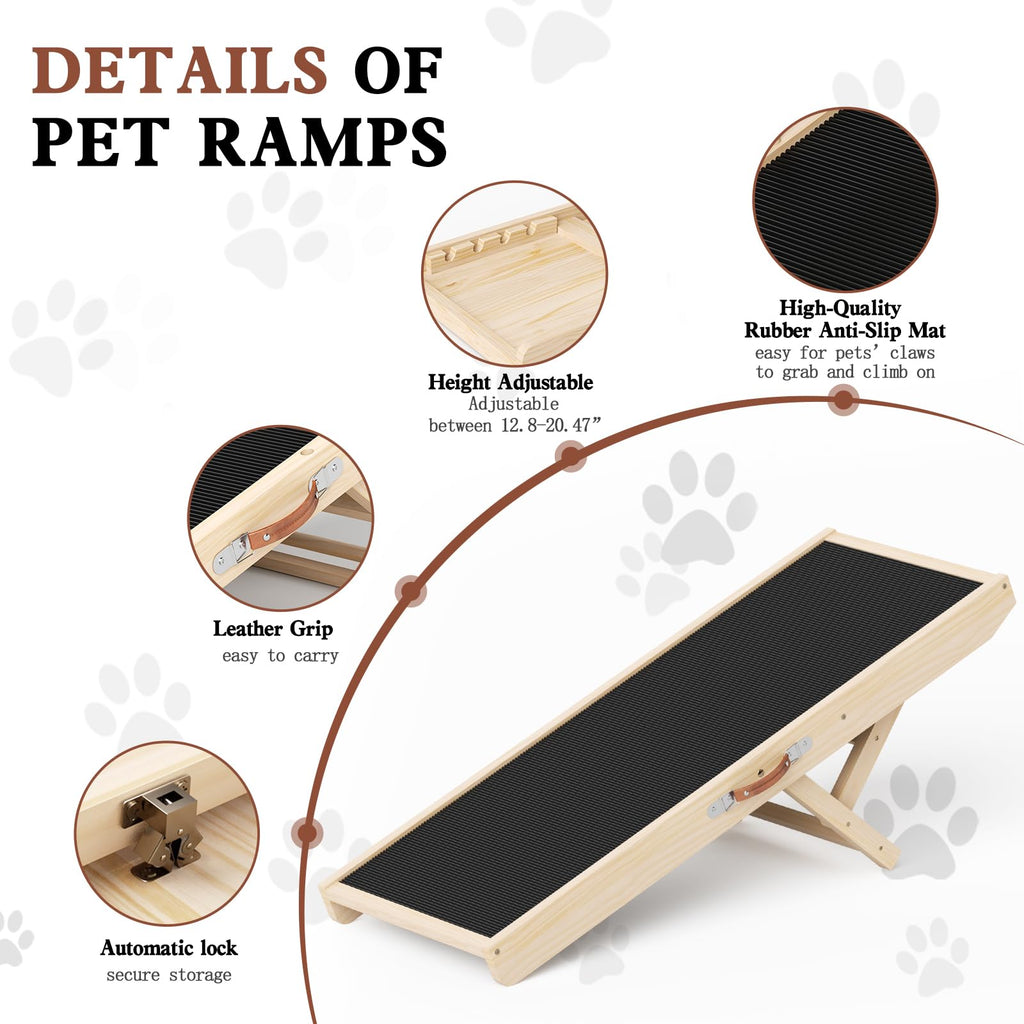 Dog Ramp for Couch, Wooden Pet Ramps 39.37" Long Adjustable 12"-20.47" Folding Puppy Ramps with Anti-Slip Rubber Mat, Dog Stairs for Small & Medium Older Dogs & Cats, up to 100lbs