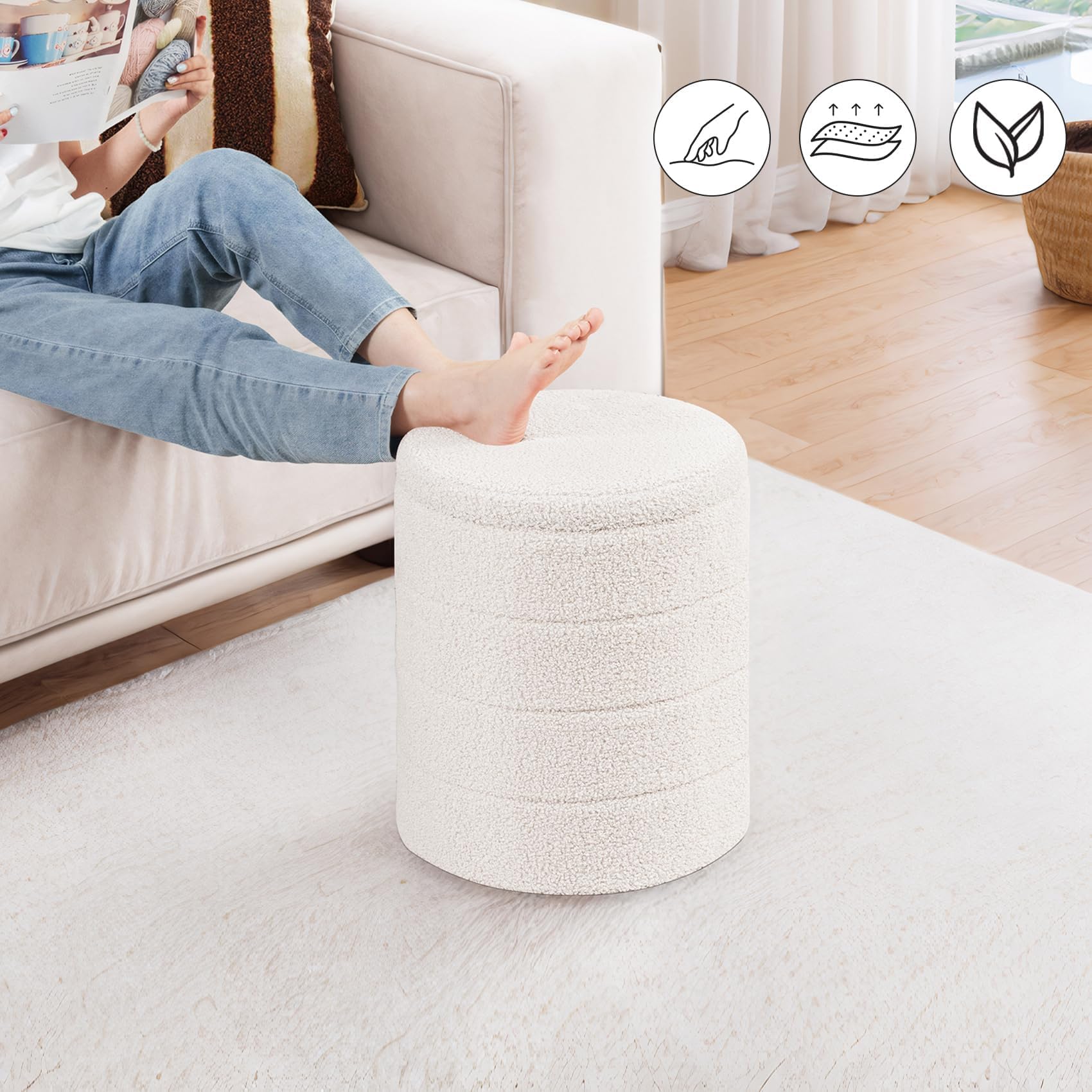 PINPLUS Round Storage Ottoman Foot Rest Stool with Tray Velvet Sherpa Folding Storage Ottoman,Boucle Foot Rest for Living Room, Bedroom, Dorm（Beige）