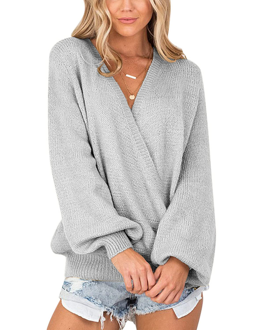 LookbookStore Women's Knit Long Sleeve Faux Wrap Surplice V Neck Sweater Top