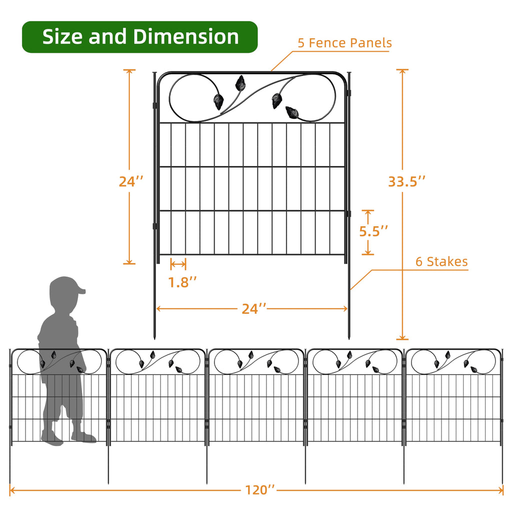 FOREHOGAR Decorative Metal Garden Fence 24in(H) X10ft(L) 5 Panels Leaf Black Rustproof Wire Border Fence for Landscape Patio Flower Bed Garden Fencing Panel Animal Barrier for Dogs