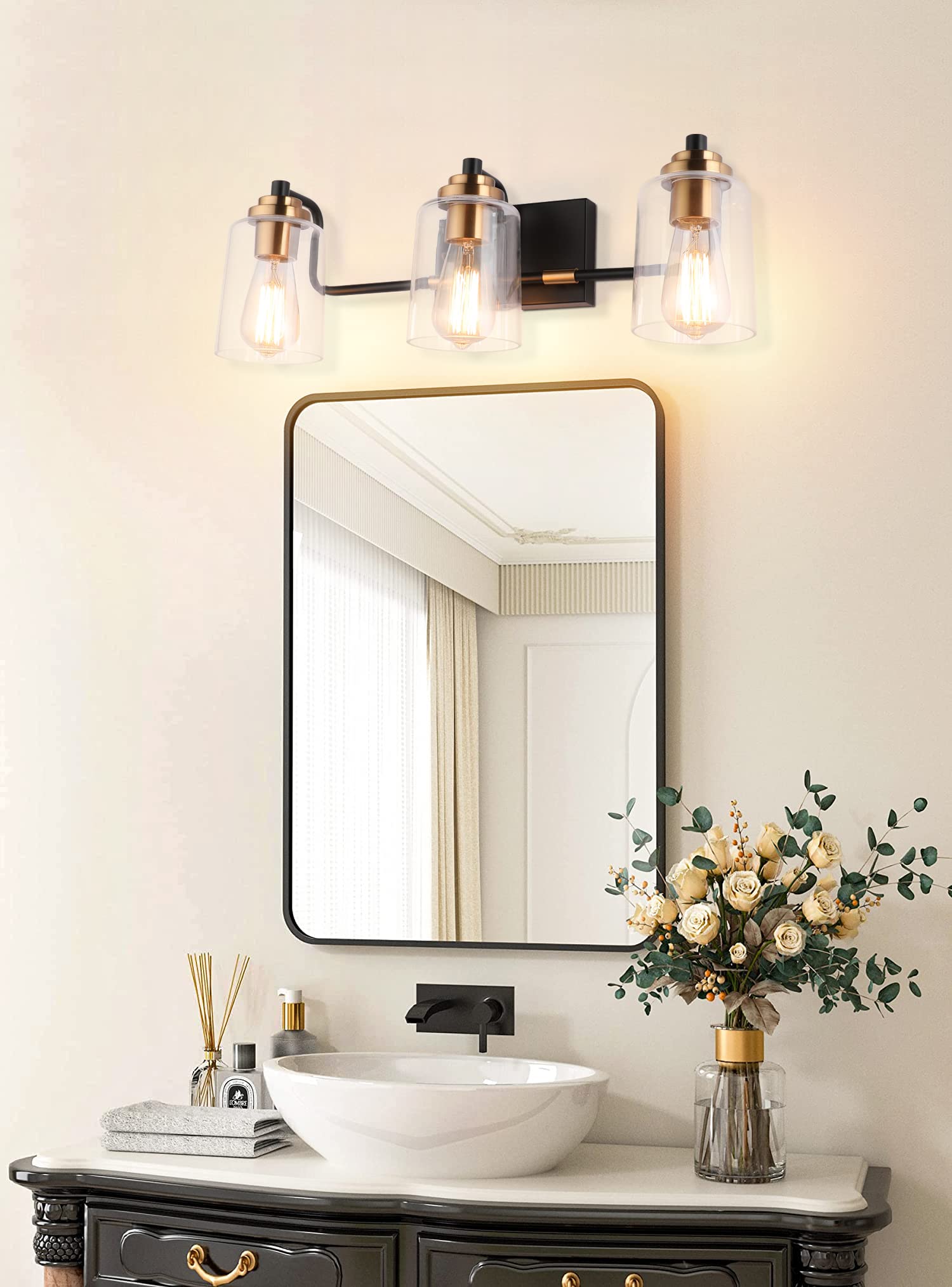 SOLFART 20.1 Inch Black Vintage Bathroom Vanity Light Fixtures Fixtures with Modern Glass Globe Shade Metal Brass Wall Lamp 2 Lights