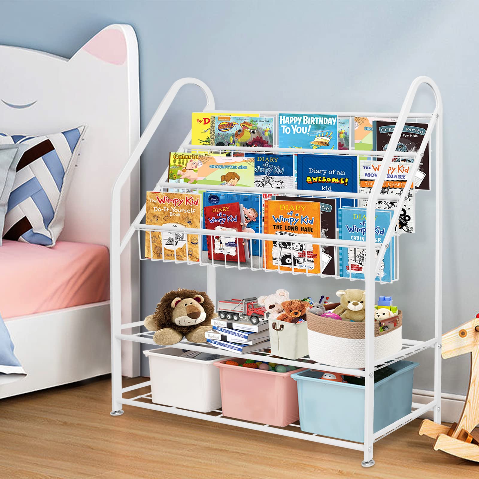 aboxoo Metal Kids Bookshelf Black Large Freestanding for Children Room 32 in Toy Organizer Large Stable Bookcase Bookstore Library Book Unit Storage Kids Bed Living Room