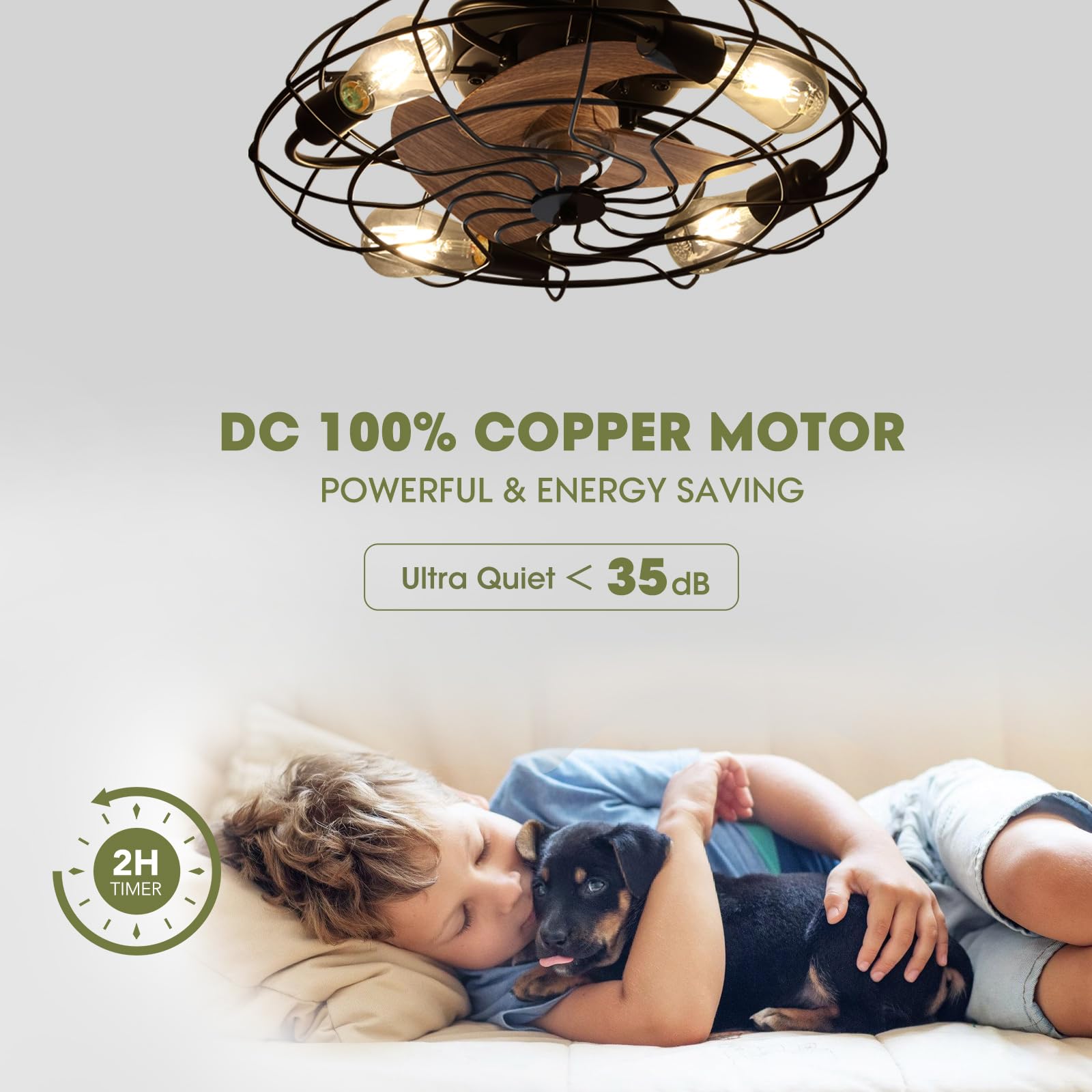 LUDOMIDE Caged Ceiling Fan Light with Remote, 21" Small Flush Ceiling Light with 3 Enclosed Blades and 6 Wind Speeds for Bedroom, Living Room