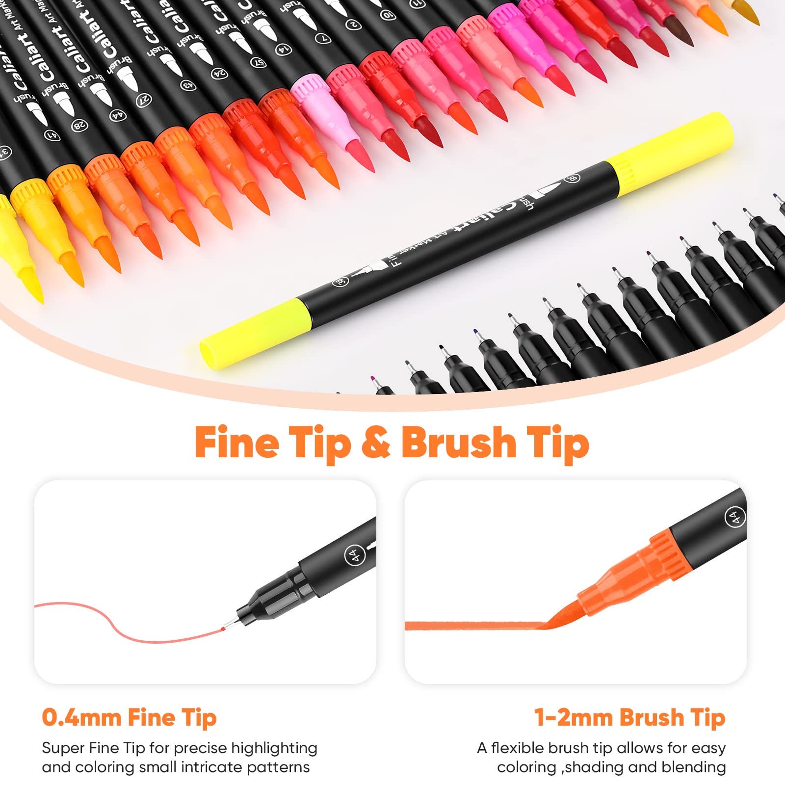 Caliart 34 Double Tip Brush Pens Art Markers, Artist Fine & Brush Markers for Adult Coloring Books Journaling Calligraphy Lettering Planners Cards Drawing Craft Kit Teacher Office Supplies